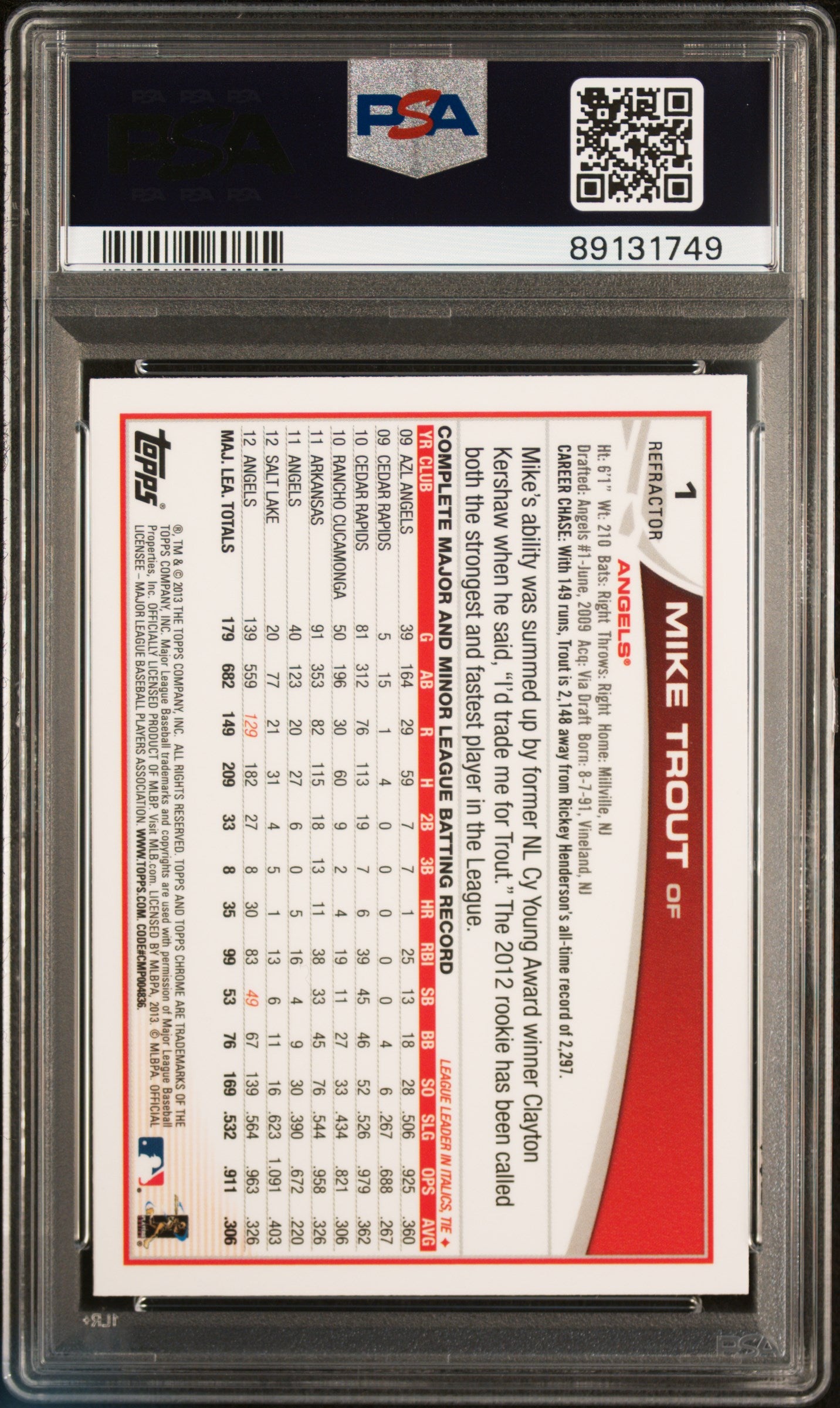 2013 Topps Chrome Mike Trout #1 Sliding Refractor PSA 10
