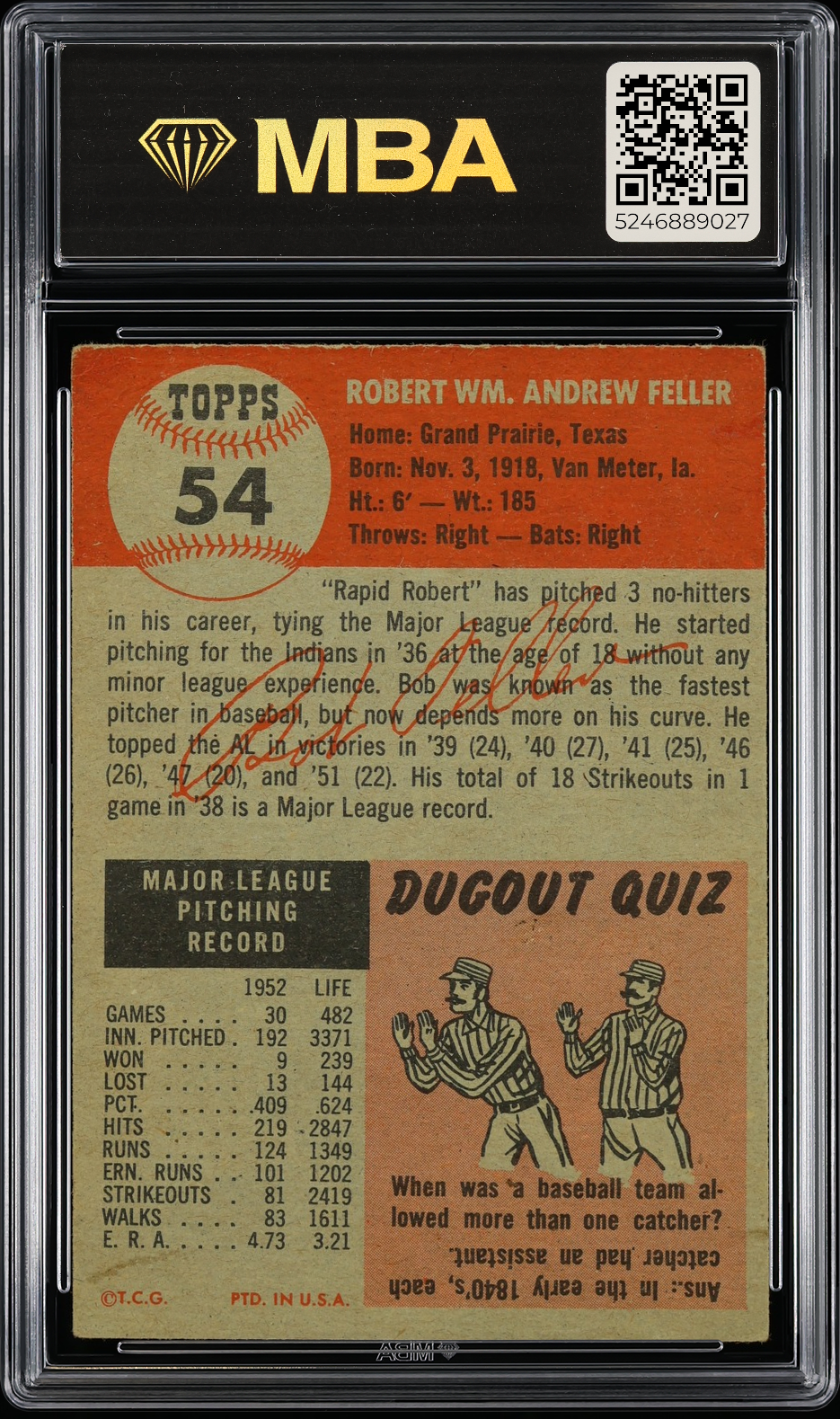 1953 Topps Bob Feller #54 MBA 3