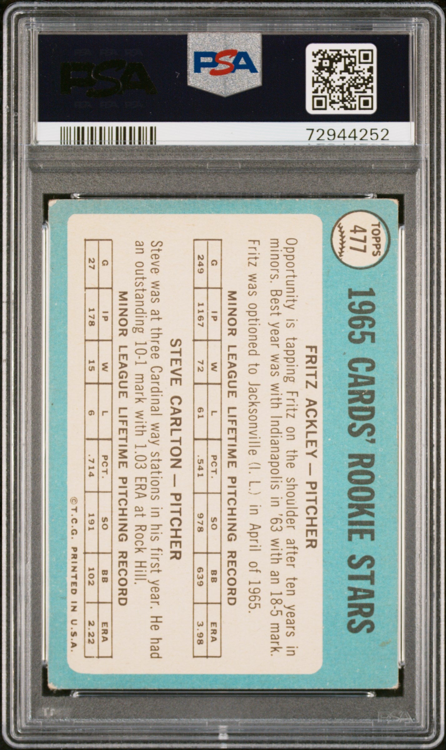 1965 Topps Cardinals Rookies #477 F. Ackley S. Carlton PSA 2