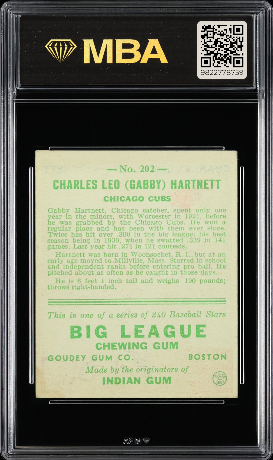 1933 Goudey Charles Leo (Gabby) Hartnett #202 MBA 4.5