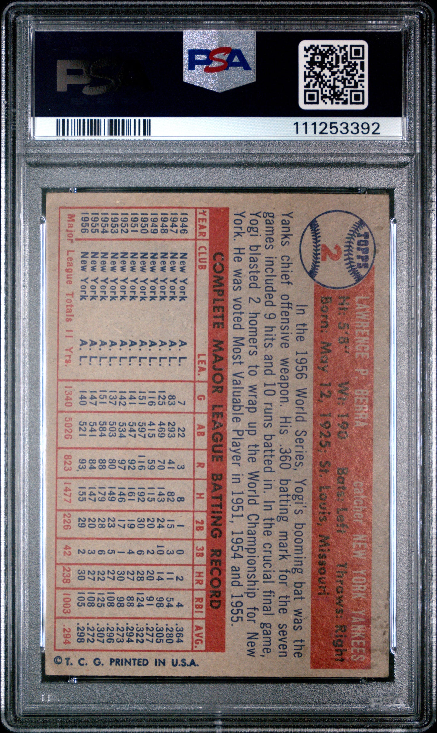 1957 Topps Yogi Berra #2 PSA 4