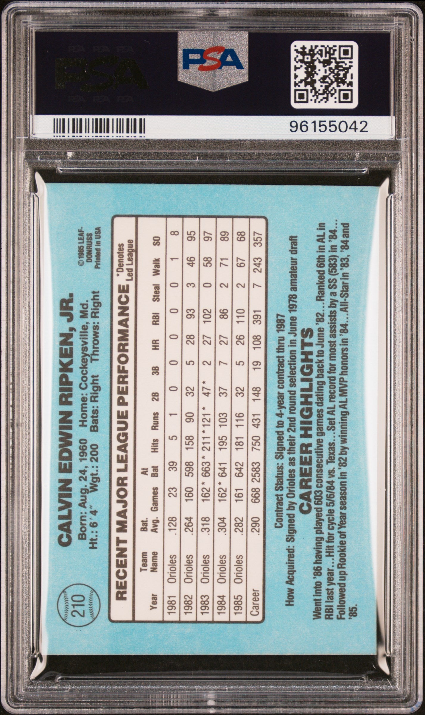 1986 Donruss Cal Ripken JR. #210 PSA 10