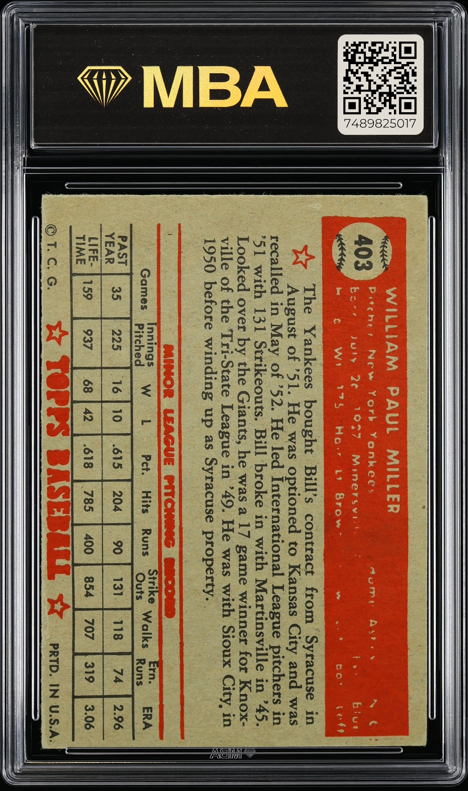 1952 Topps Bill Miller #403 MBA 3