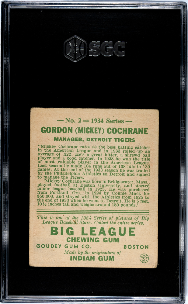 1934 Goudey Mickey Cochrane #2 SGC 3