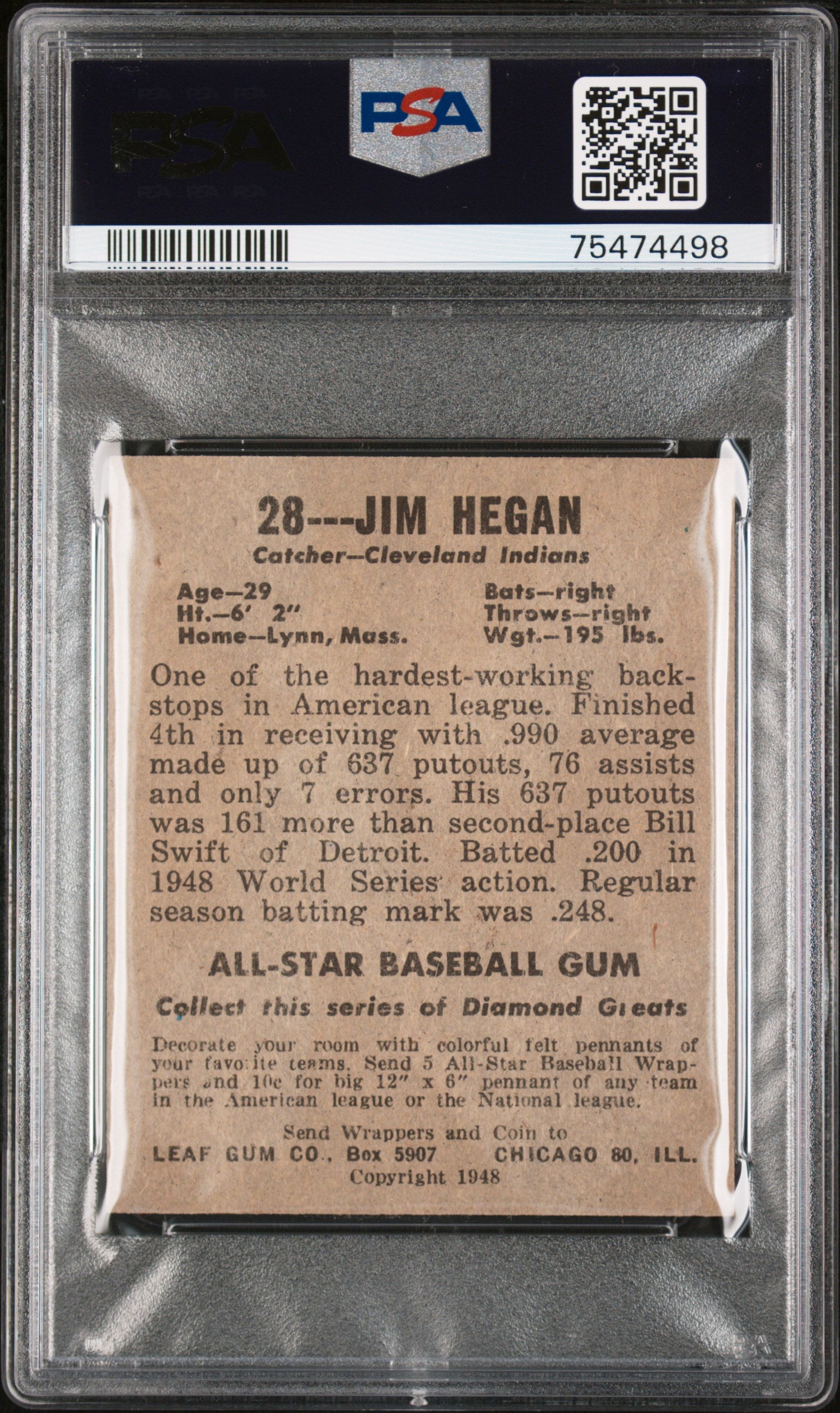 1948 Leaf Jim Hegan #28 PSA 4