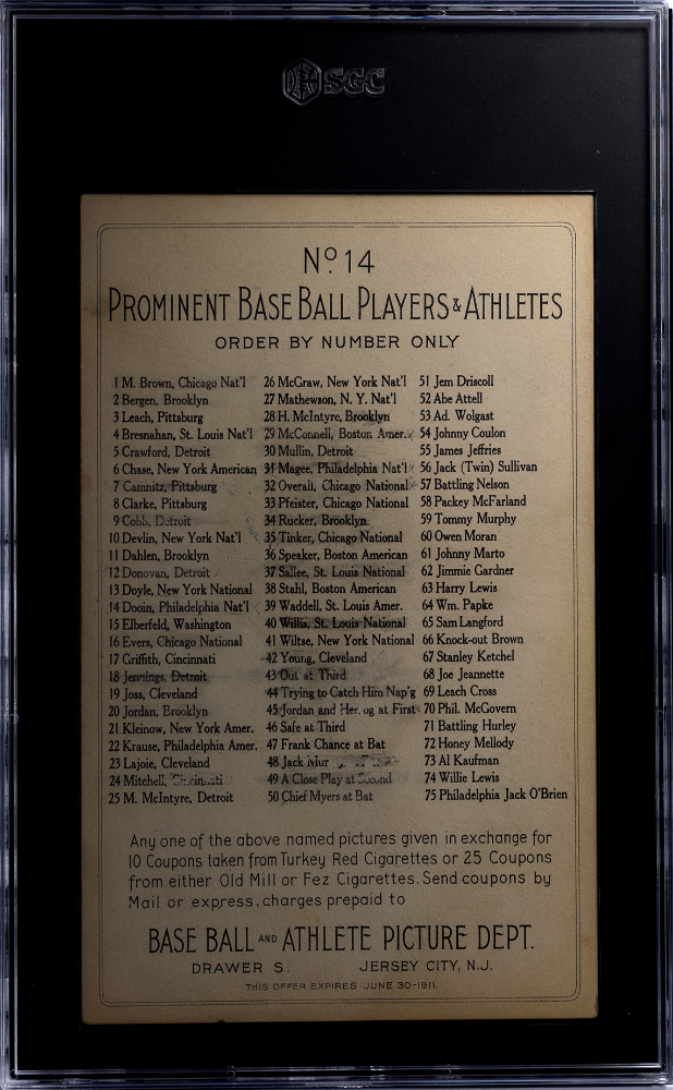 1910 T3 Turkey Red Red Dooin #14 Checklist Back (Offer) SGC 1.5