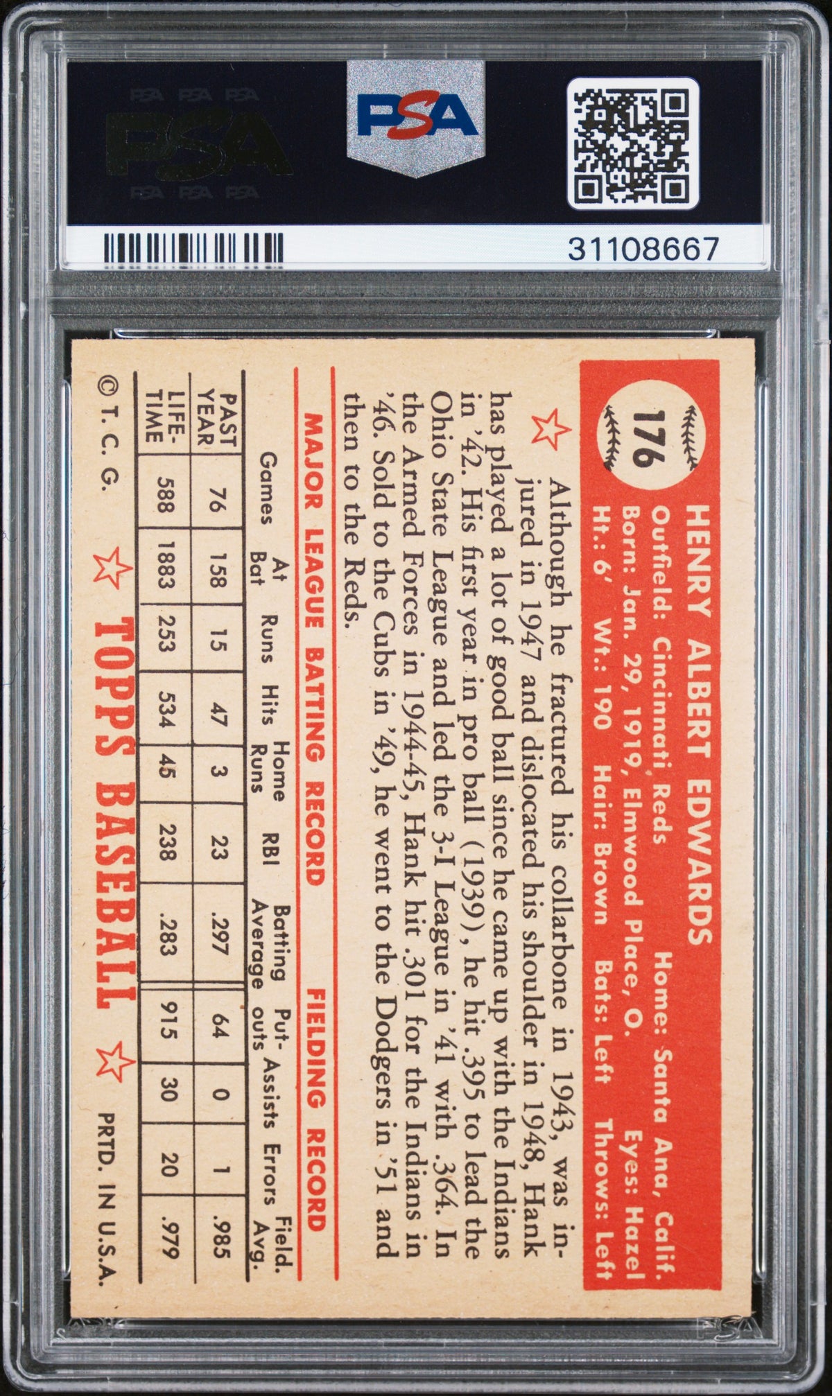 1952 Topps Hank Edwards #176 PSA 7