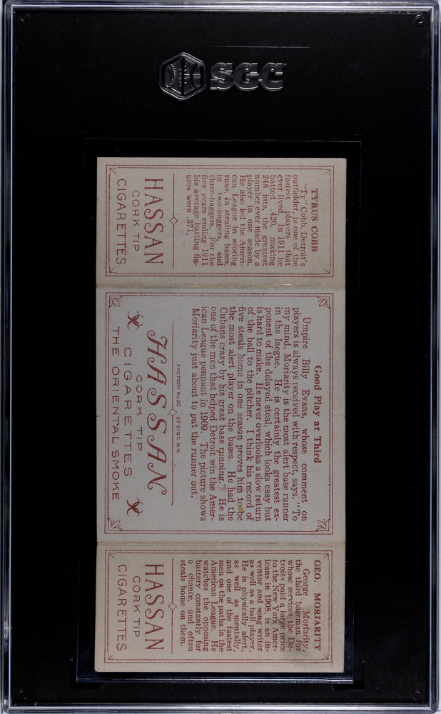 1912 T202 Hassan Cigarettes Good Play At Third #68 Moriarity Cobb SGC 2.5
