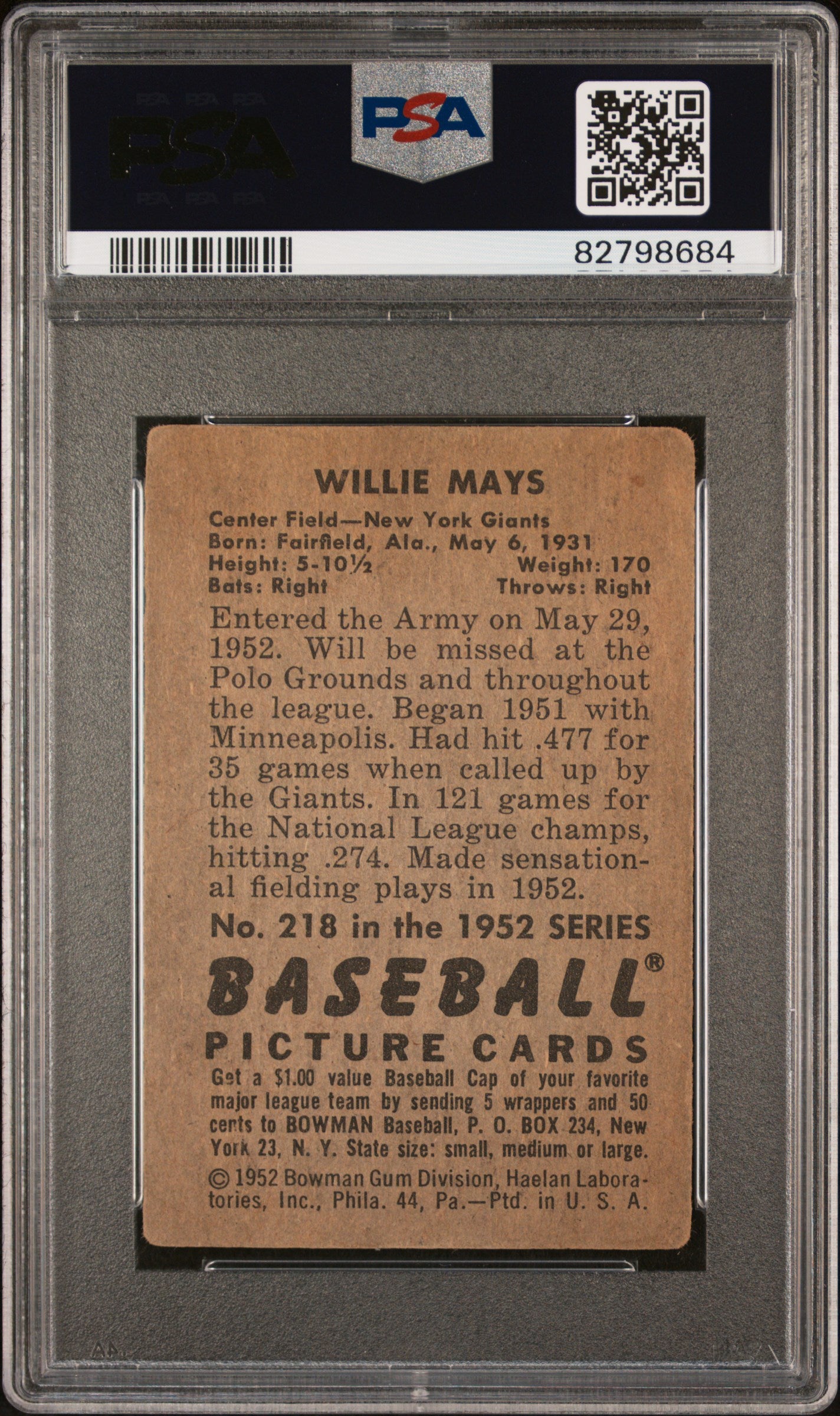 1952 Bowman Willie Mays #218 PSA 1
