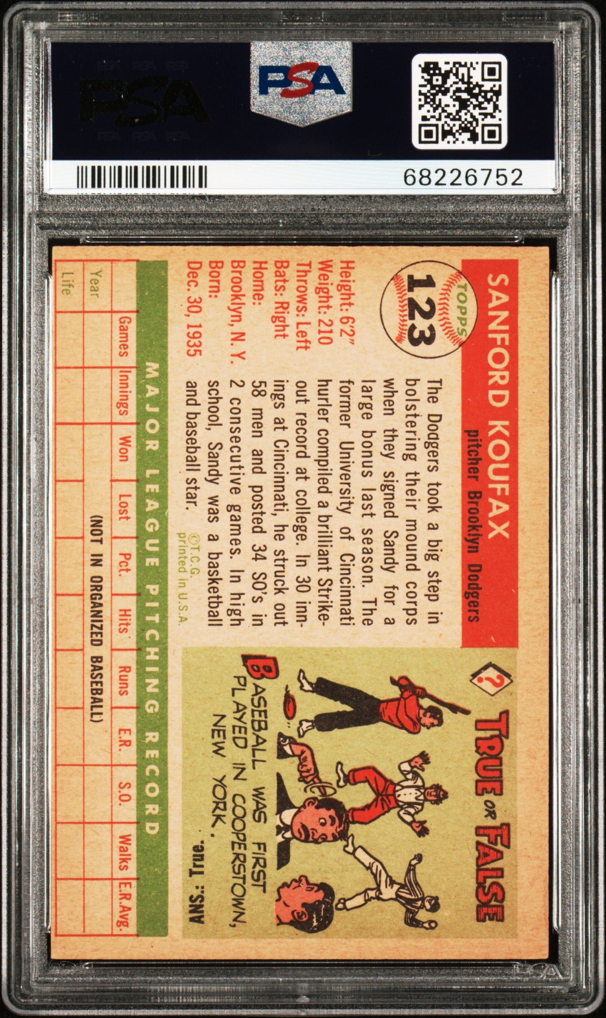 1955 Topps Sandy Koufax #123 PSA 6
