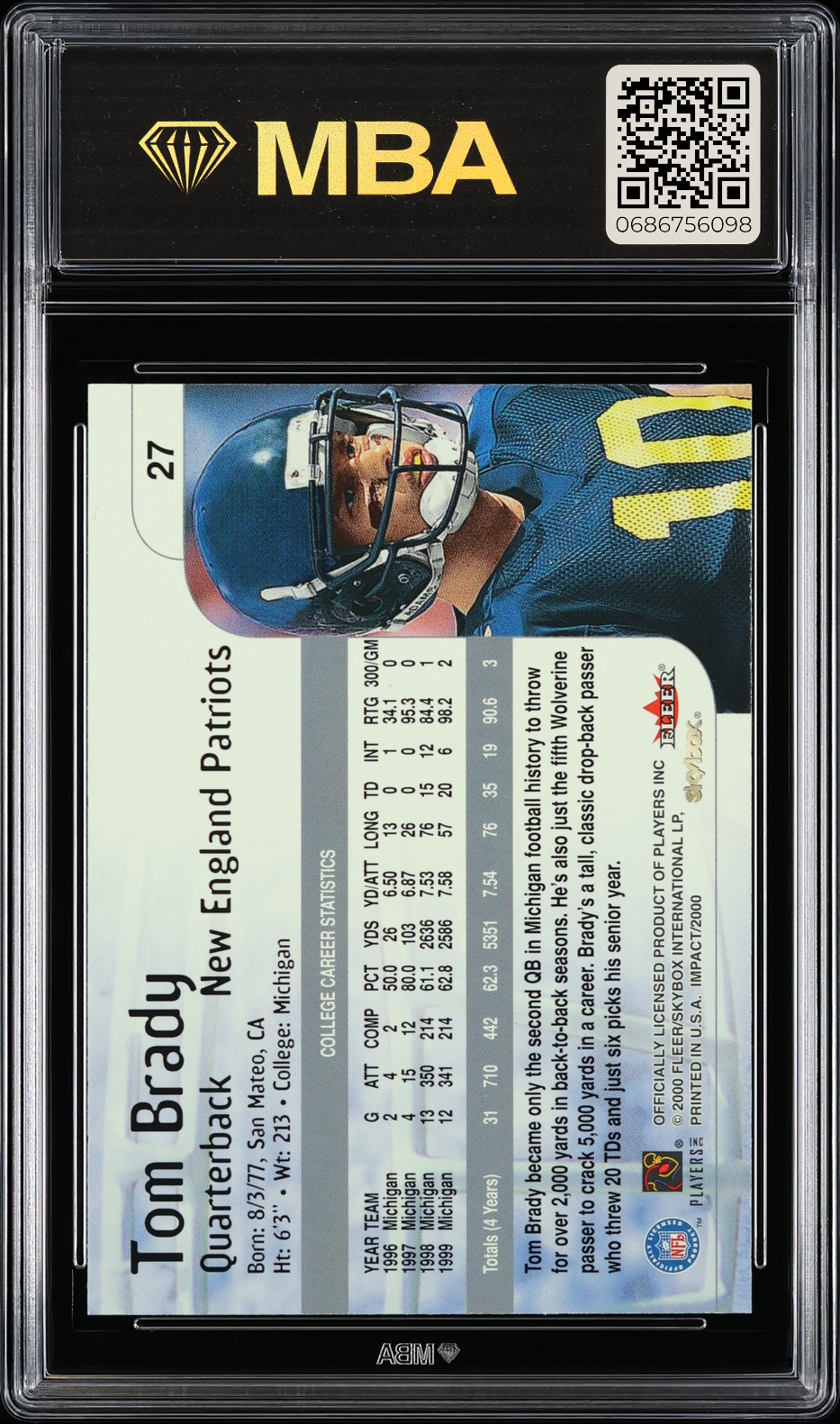 2000 Skybox Impact Tom Brady #27 MBA 8 RC