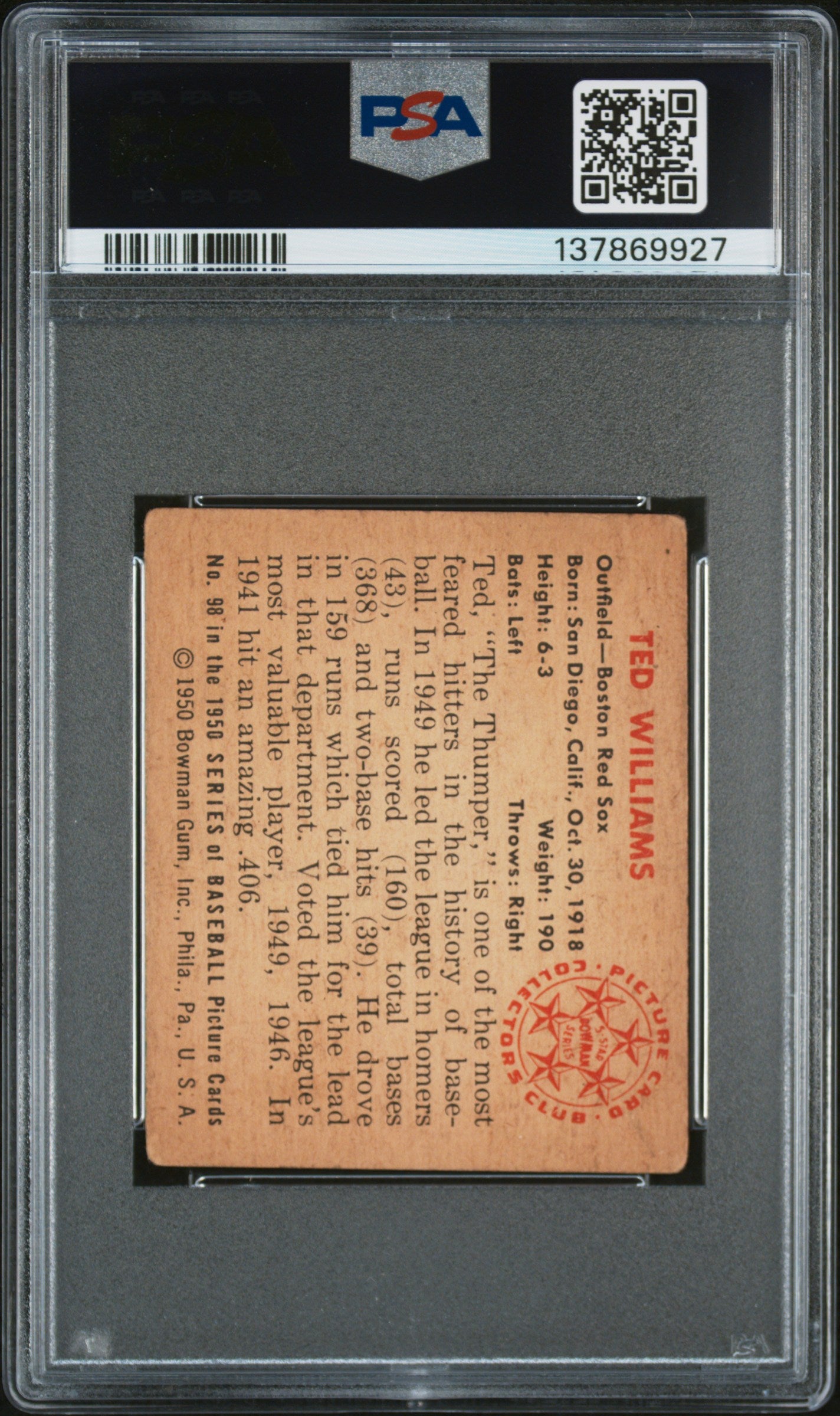 1950 Bowman Ted Williams #98 PSA 2