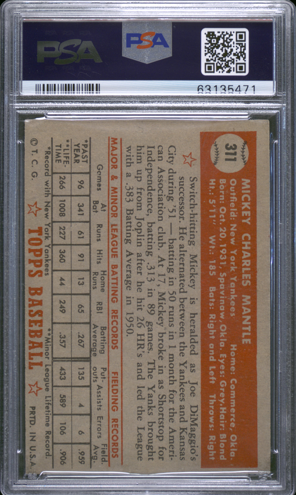 1952 Topps Mickey Mantle #311 PSA A