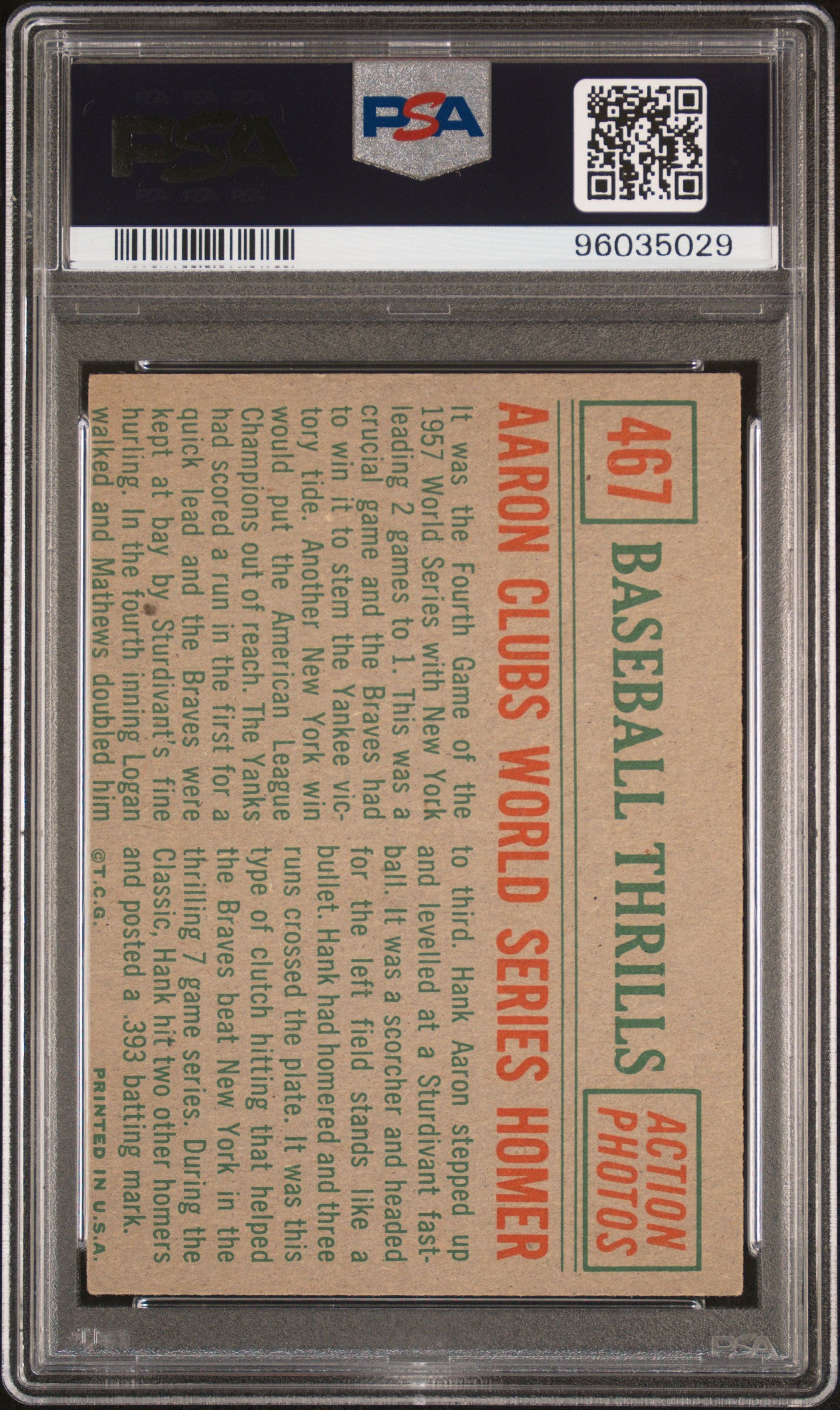 1959 Topps Aaron Clubs World #467 Aaron CLB. Wrld. SR. HMR. PSA 4 Auto 10