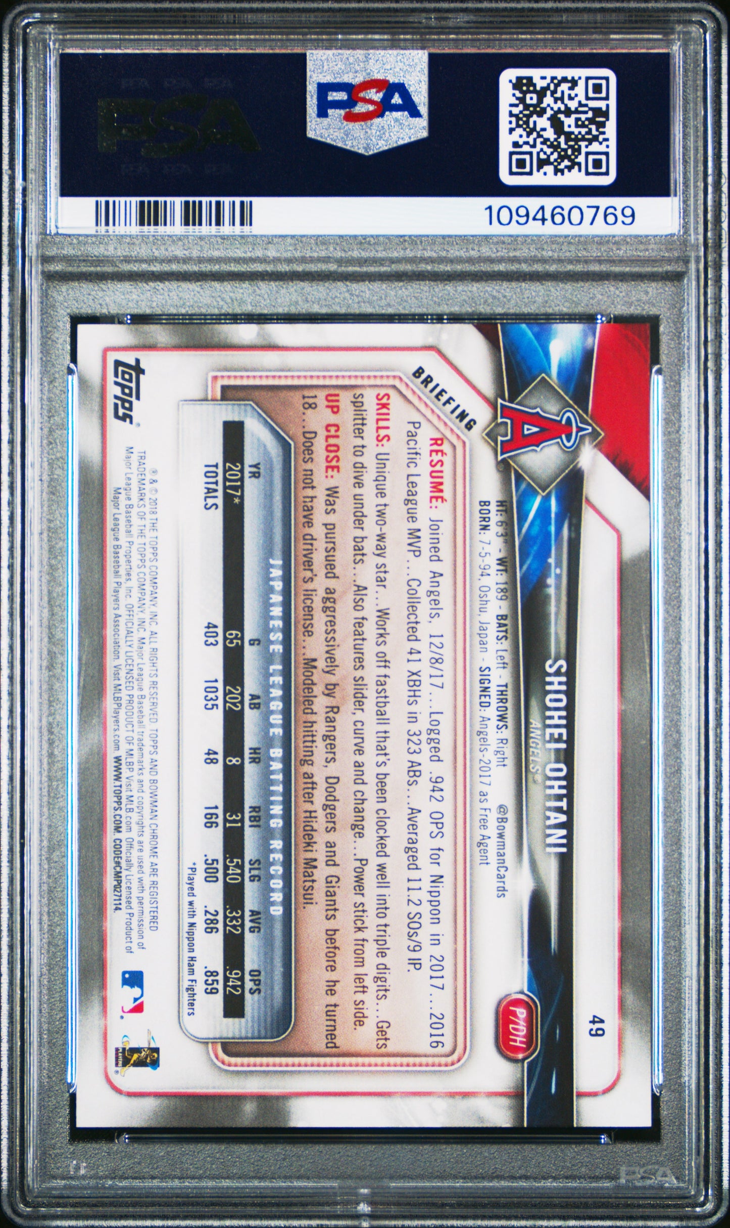 2018 Bowman Shohei Ohtani #49 PSA 10