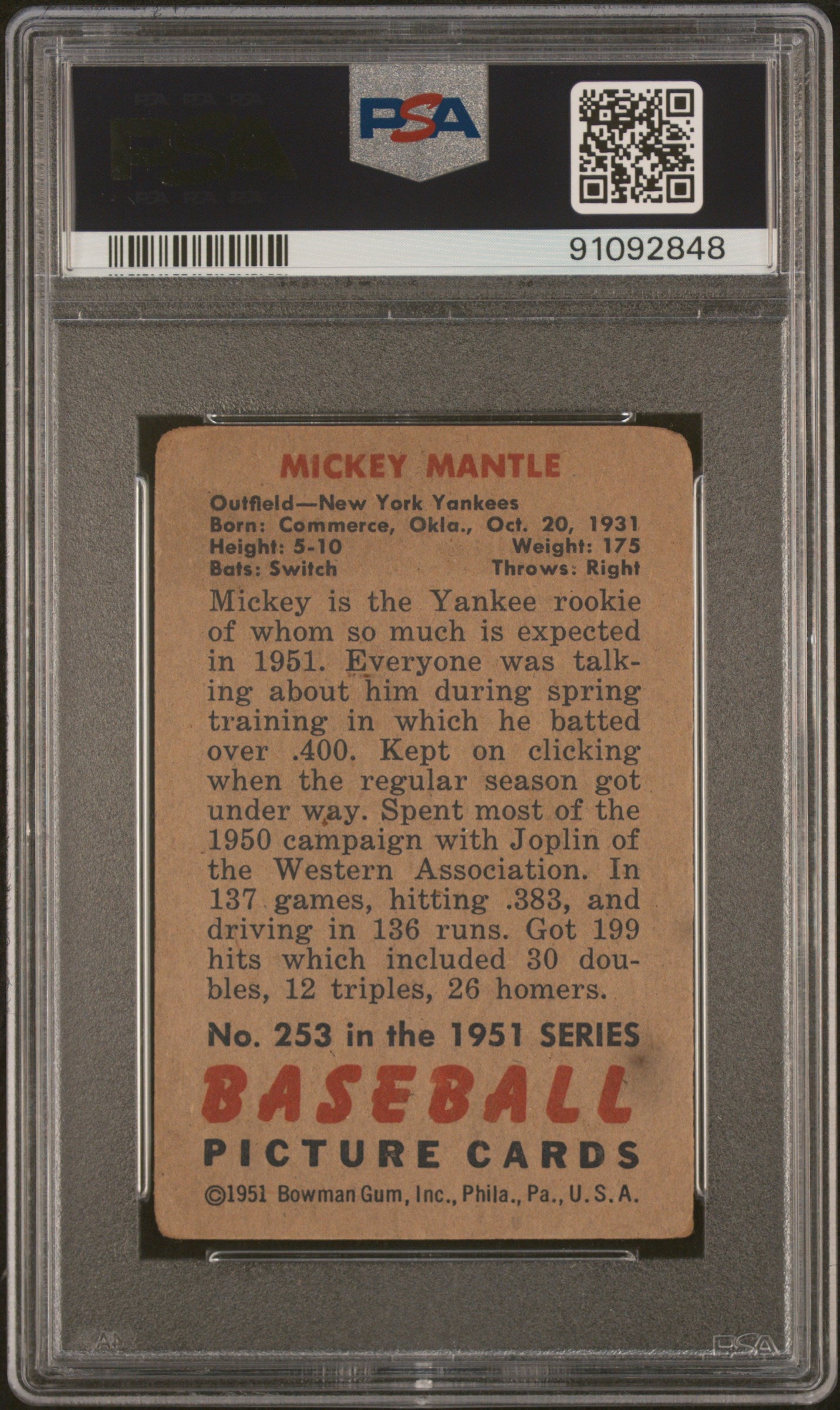 1951 Bowman Mickey Mantle #253 PSA 1.5