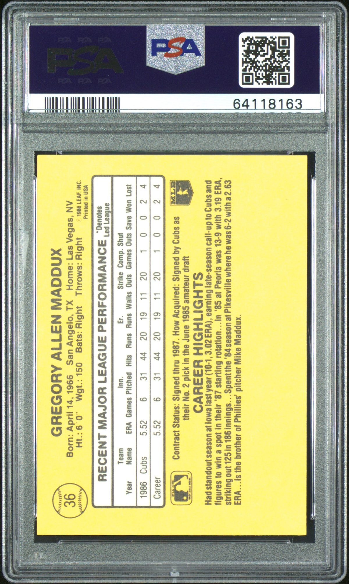 1987 Donruss Greg Maddux #36 PSA 10 Auto 10
