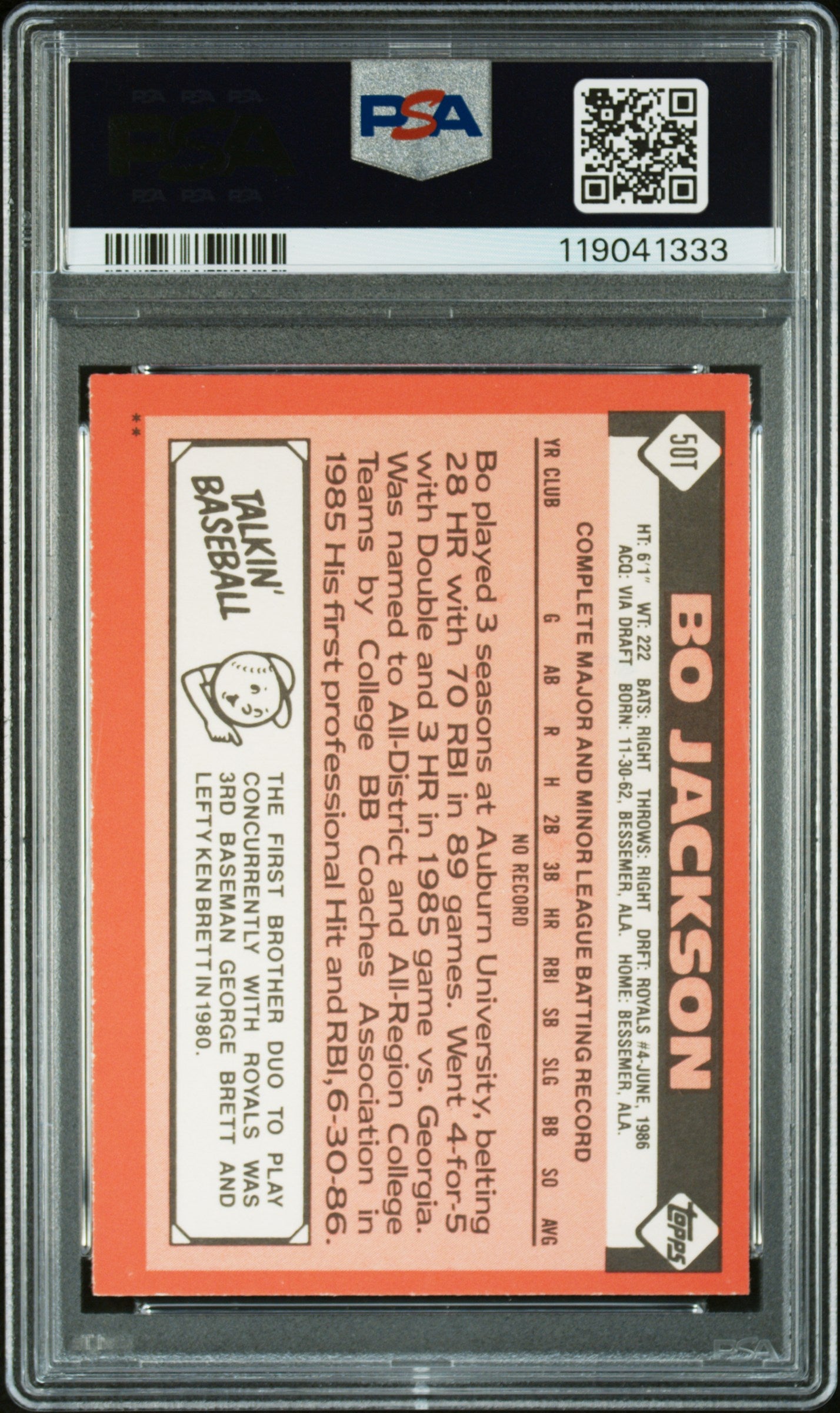 1986 Topps Traded Bo Jackson #50T PSA 9 Auto 10