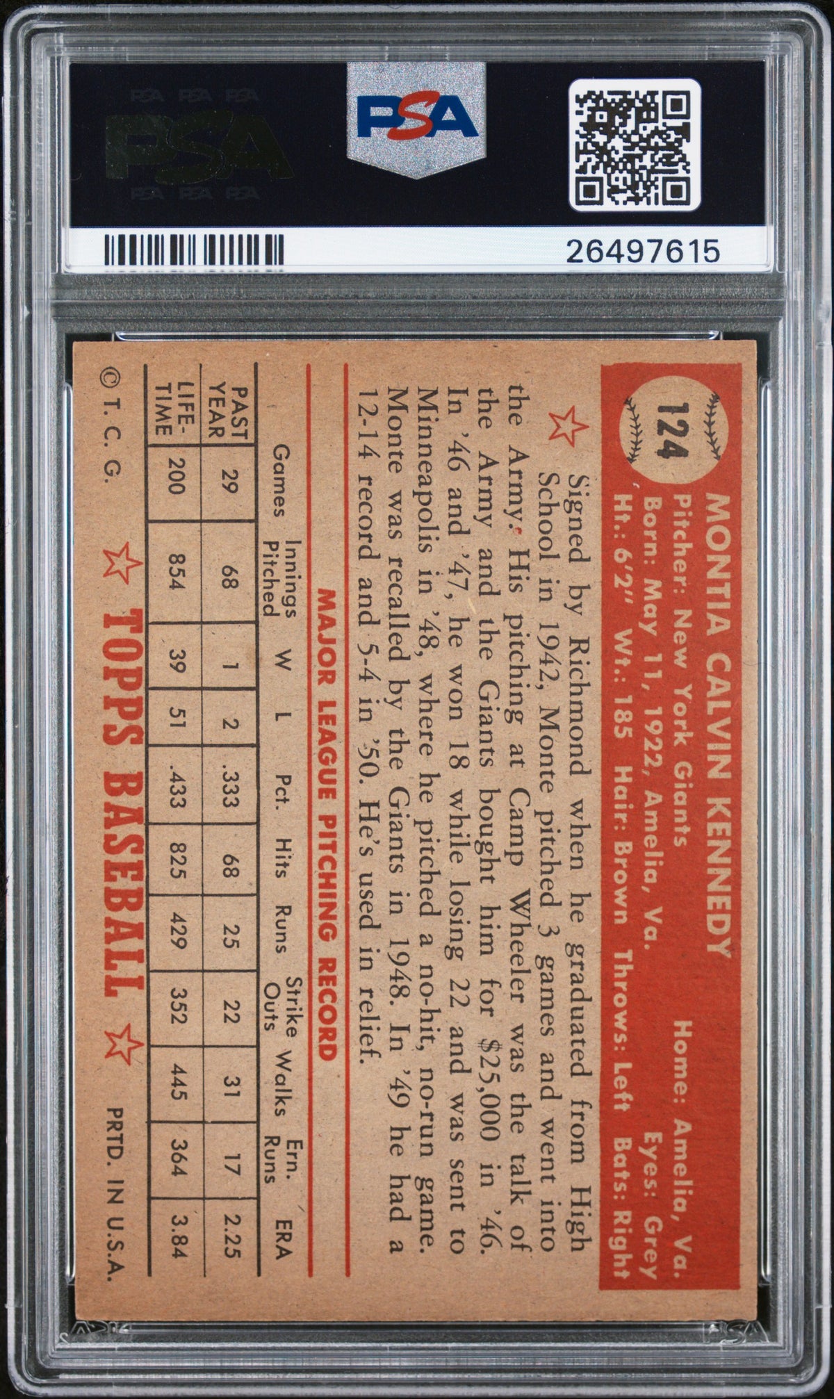 1952 Topps Monte Kennedy #124 PSA 7