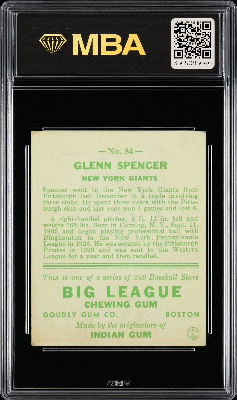 1933 Goudey Glenn Spencer #84 MBA 4