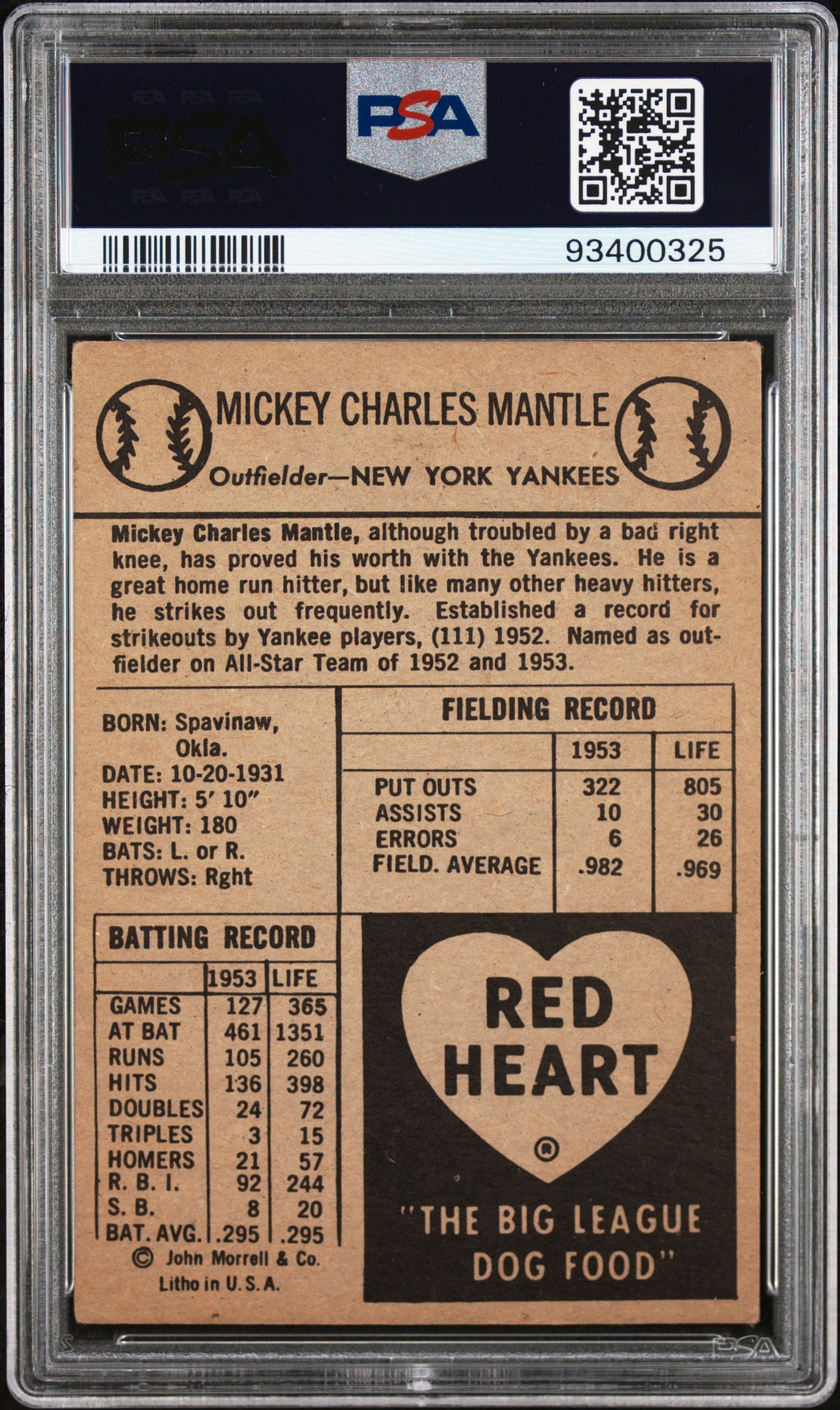 1954 Red Heart Mickey Mantle PSA 2