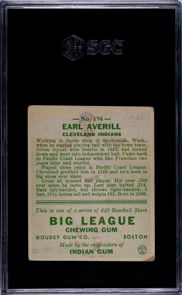 1933 Goudey Earl Averill #194 SGC 2