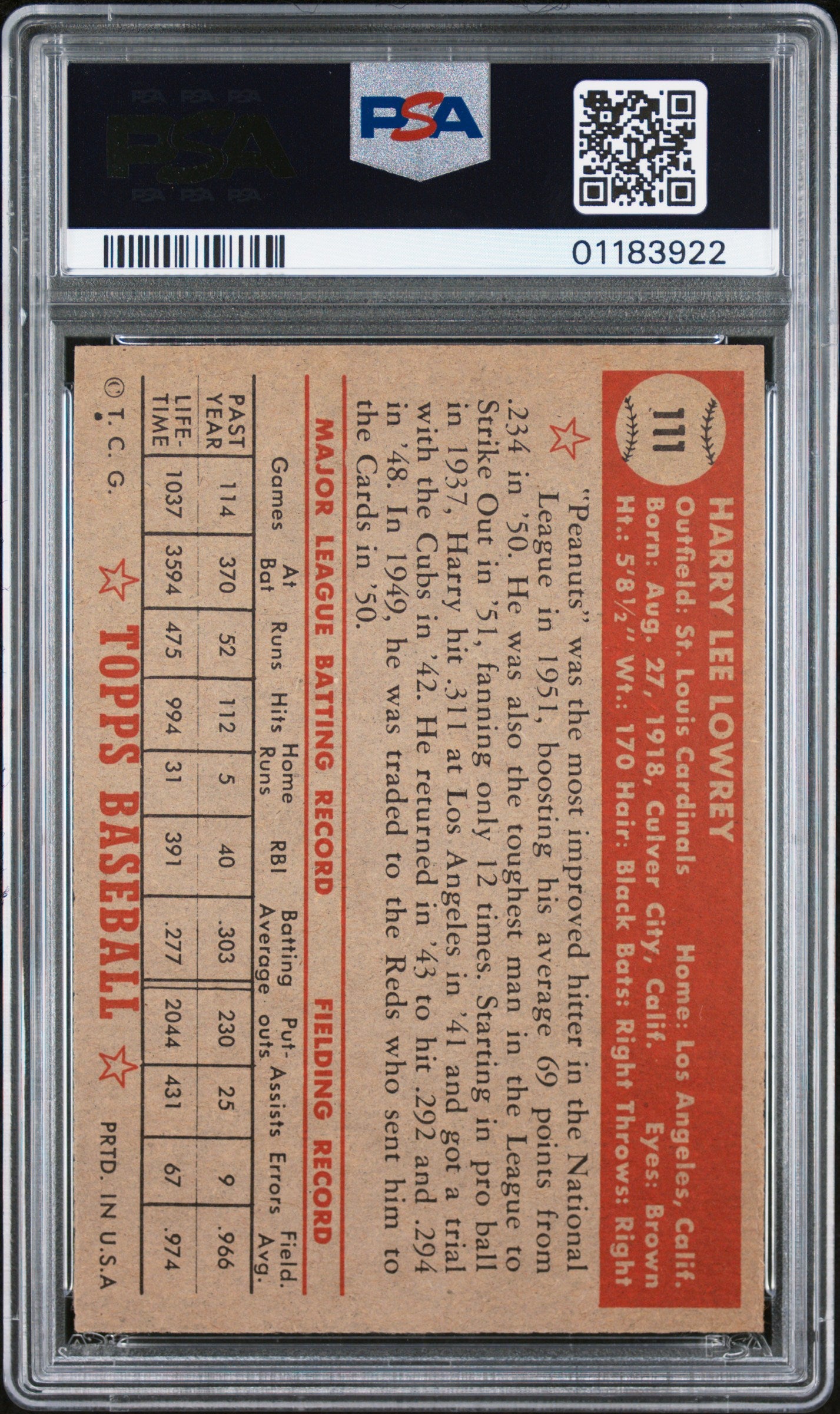 1952 Topps Harry Lowrey #111 PSA 7