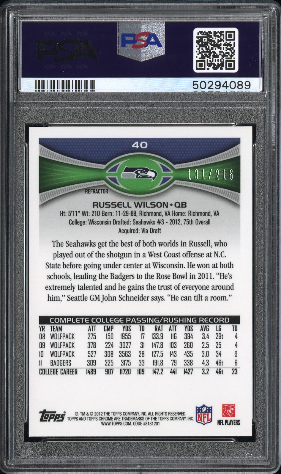 2012 Topps Chrome Russell Wilson #40 Stands Prism Refractor PSA 10