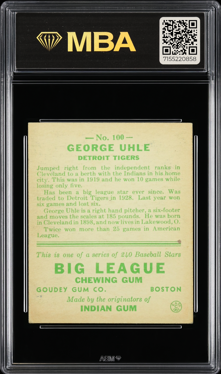 1933 Goudey George Uhle #100 MBA 4.5