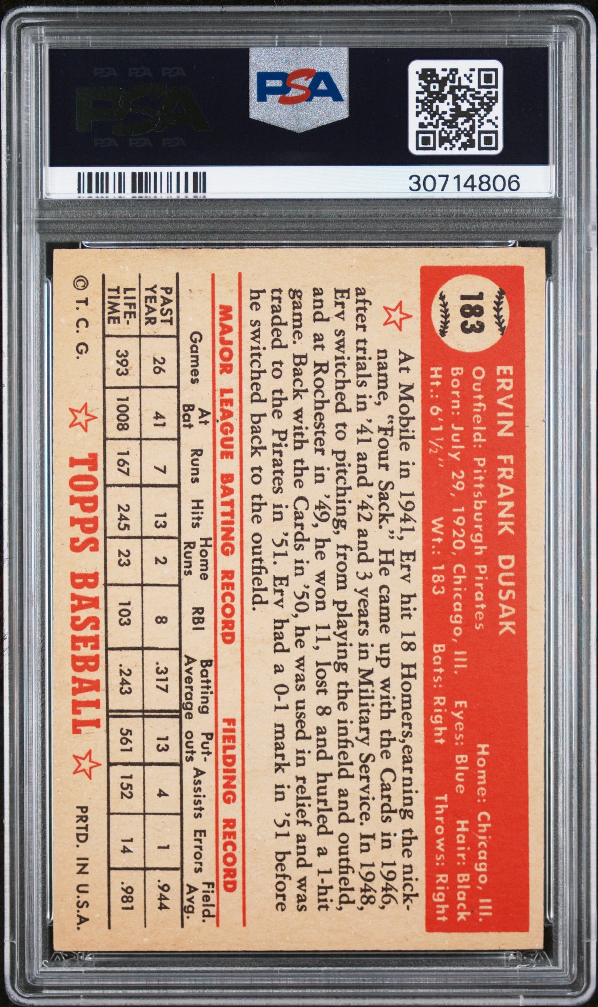 1952 Topps Erv Dusak #183 PSA 7