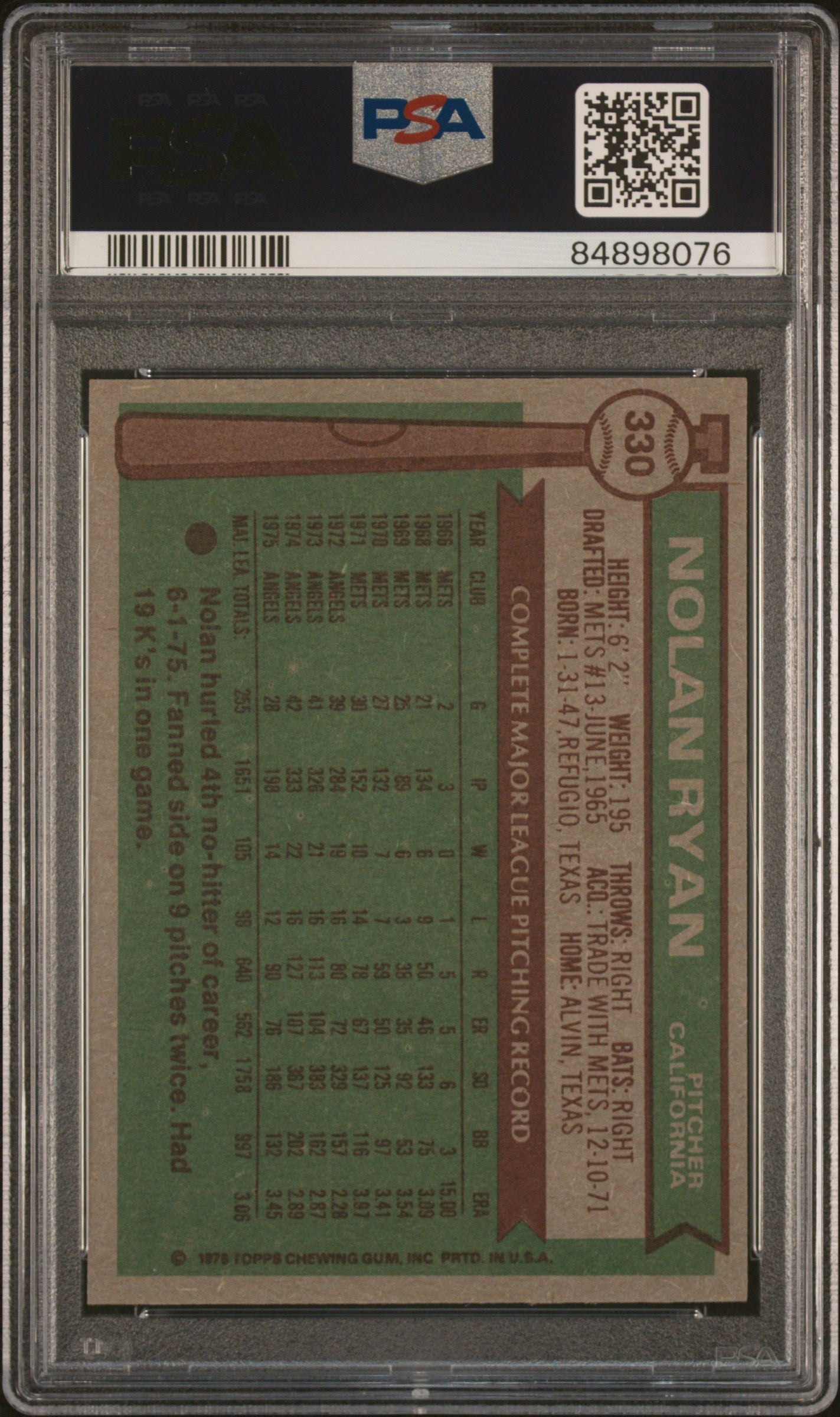 1976 Topps Nolan Ryan #330 PSA 8
