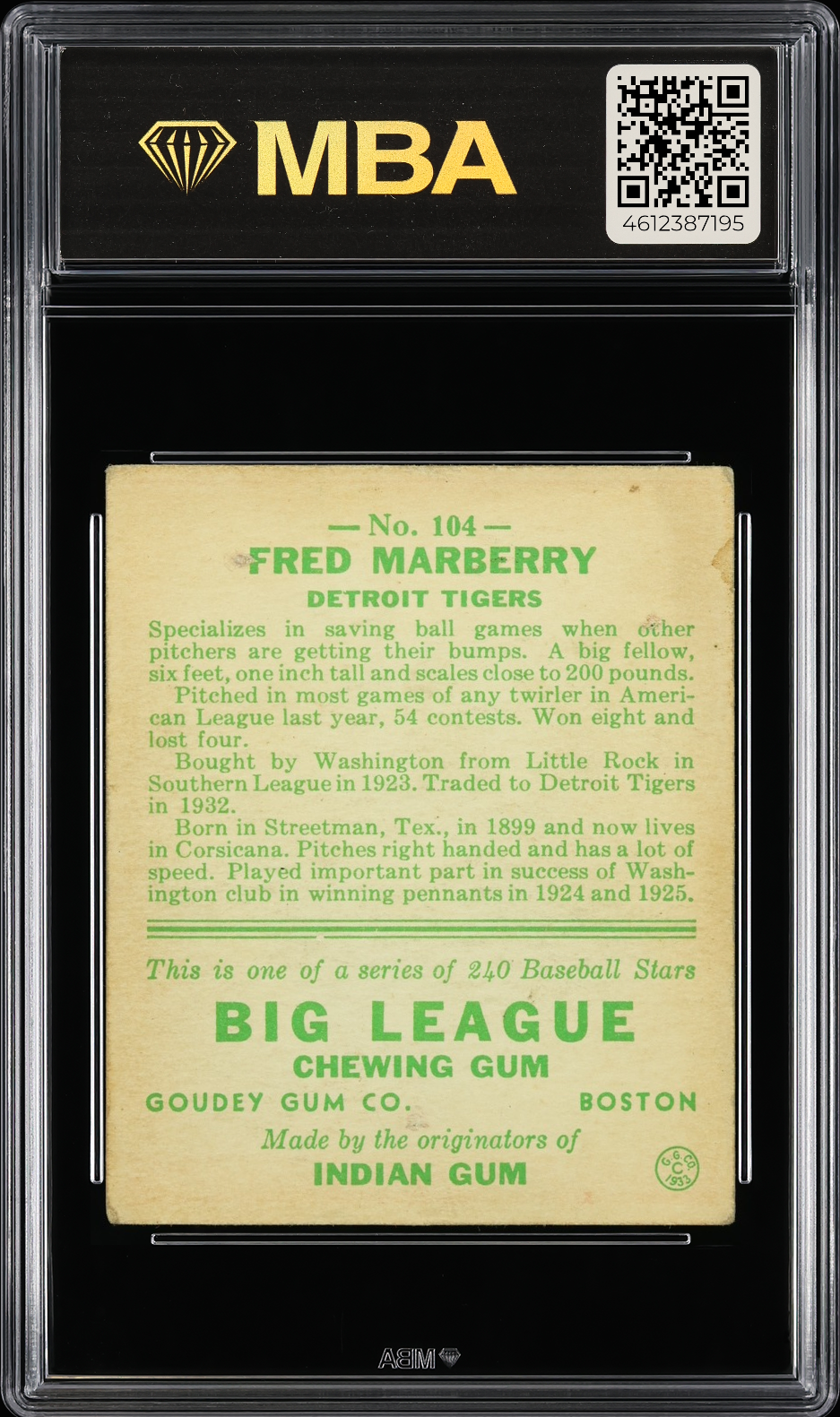 1933 Goudey Fred Marberry #104 MBA 1