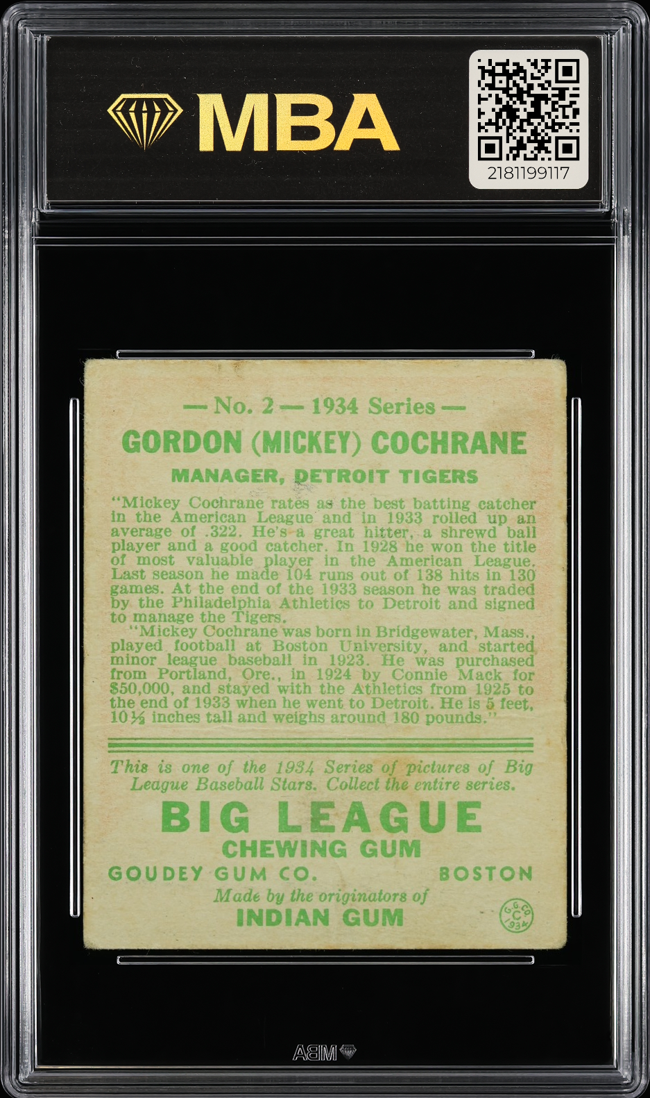 1934 Goudey Gordon (Mickey) Cochrane #2 MBA 1