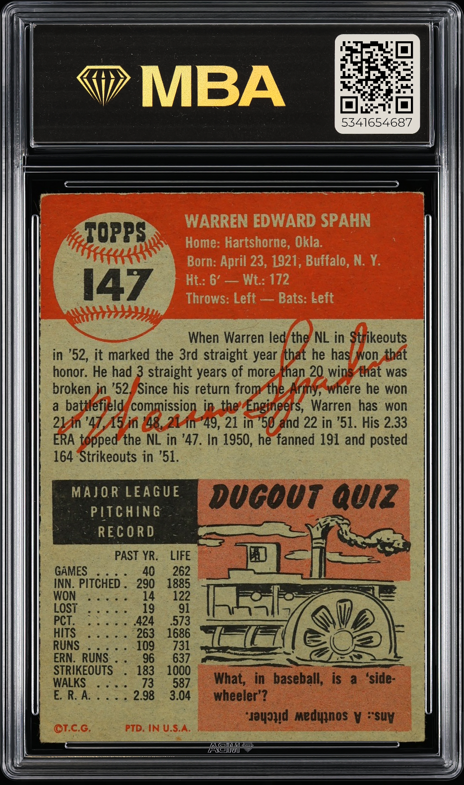 1953 Topps Warren Spahn #147 MBA 3