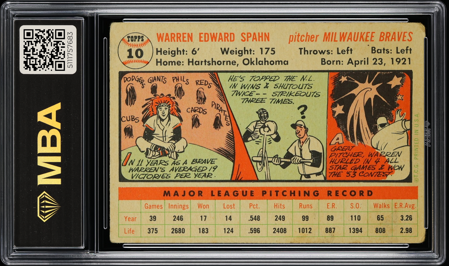 1956 Topps Warren Spahn #10 White back MBA 2.5