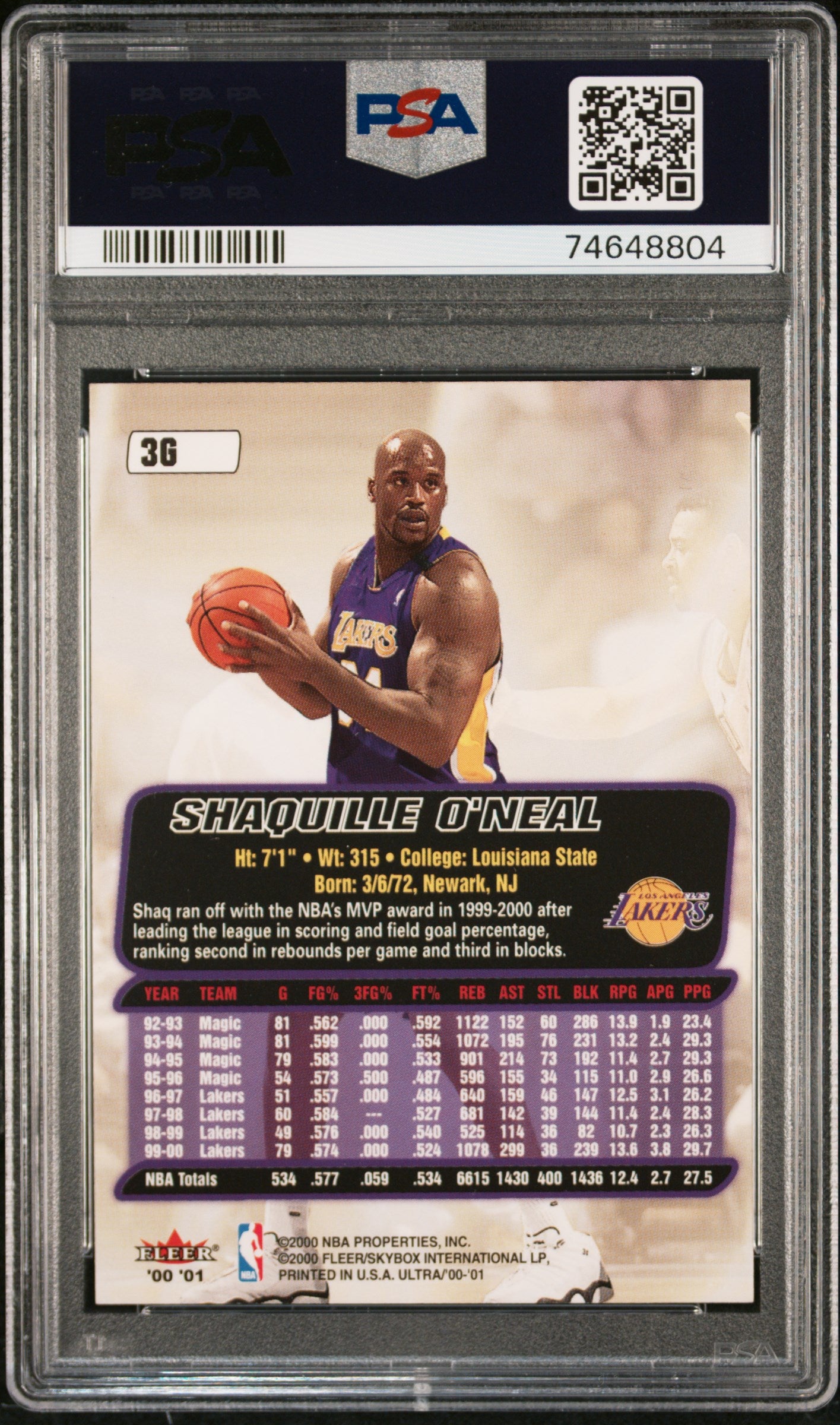 2000 Ultra Shaquille O'Neal #3G Gold Medallion PSA 9