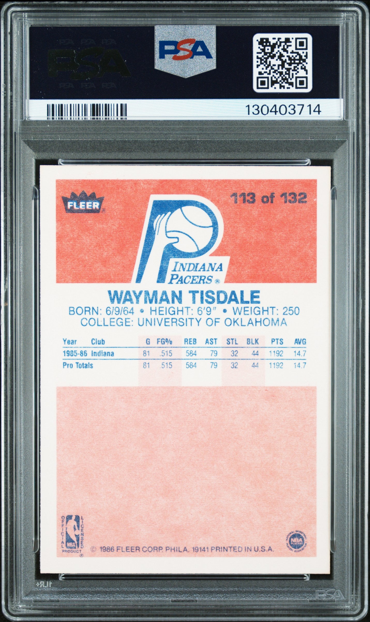 1986 Fleer Wayman Tisdale #113 PSA 10