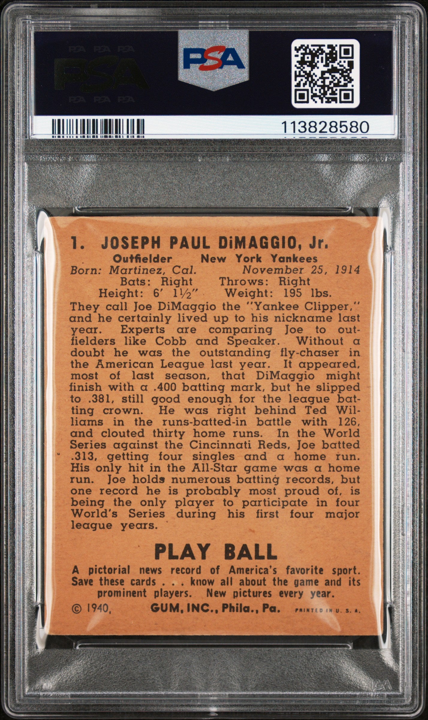 1940 Play Ball Joe Dimaggio #1 PSA 1.5