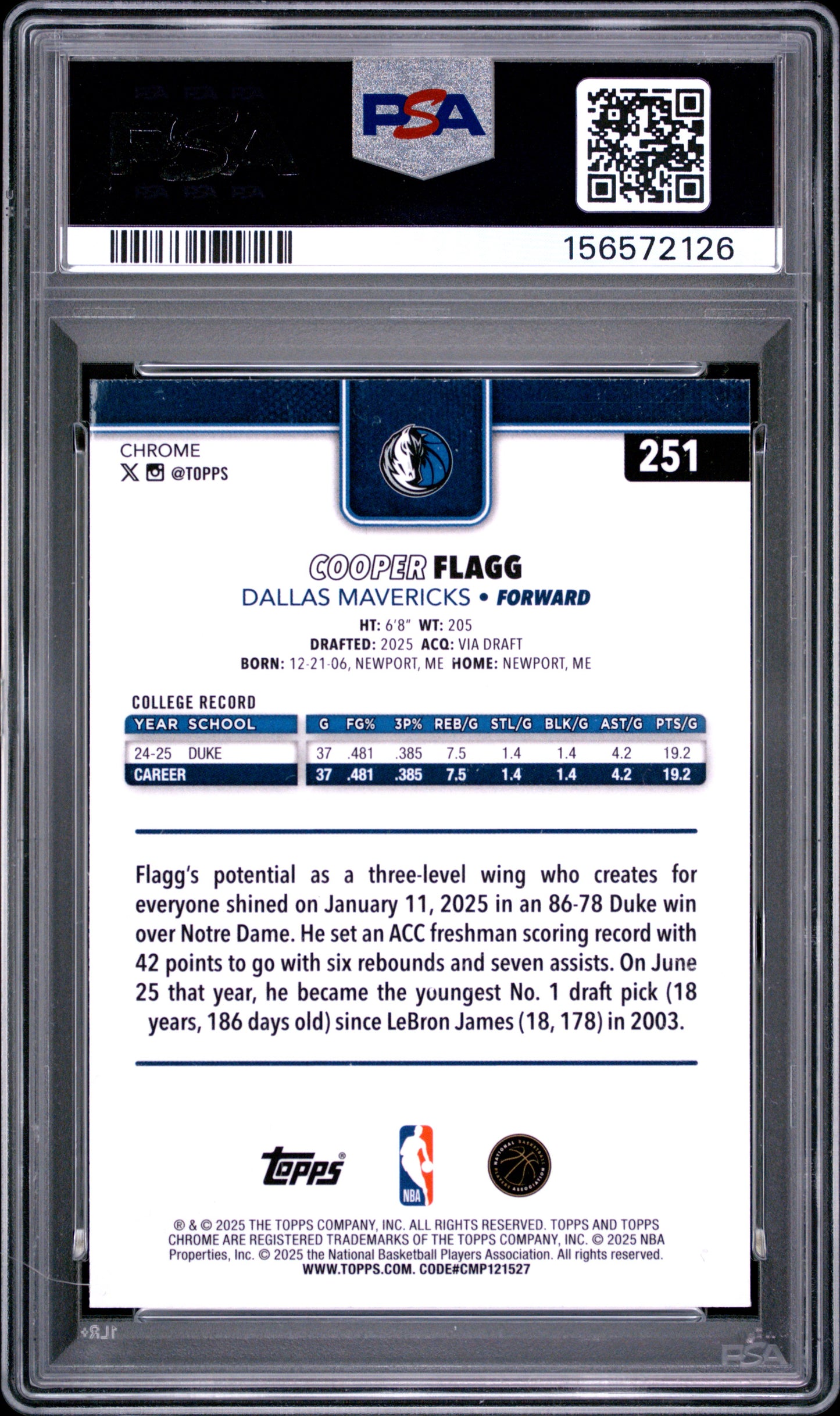 2025 Topps Chrome Cooper Flagg #251 Pulsar PSA 9