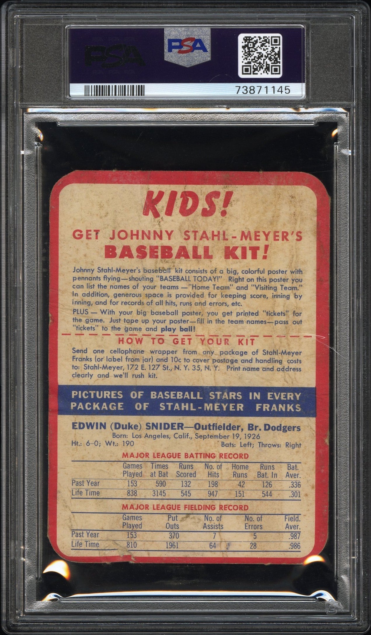 1954 Stahl-Meyer Franks Duke Snider PSA 1