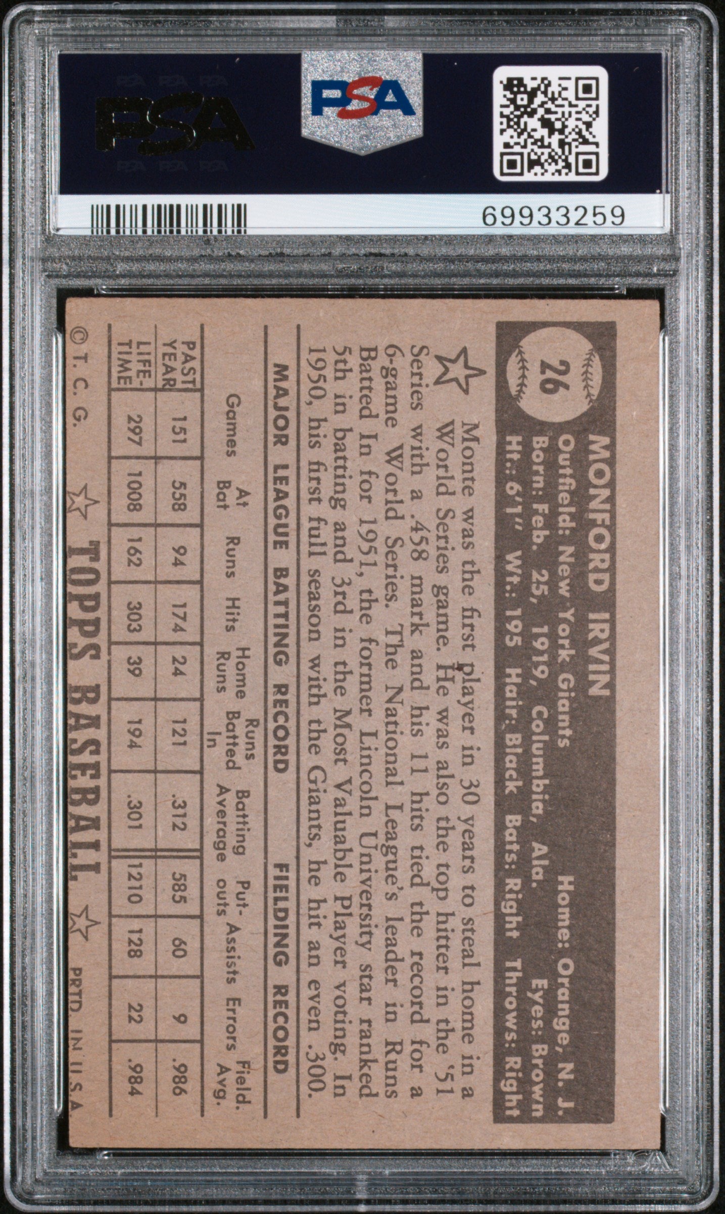 1952 Topps Monty Irvin #26 Black Back PSA A Auto A