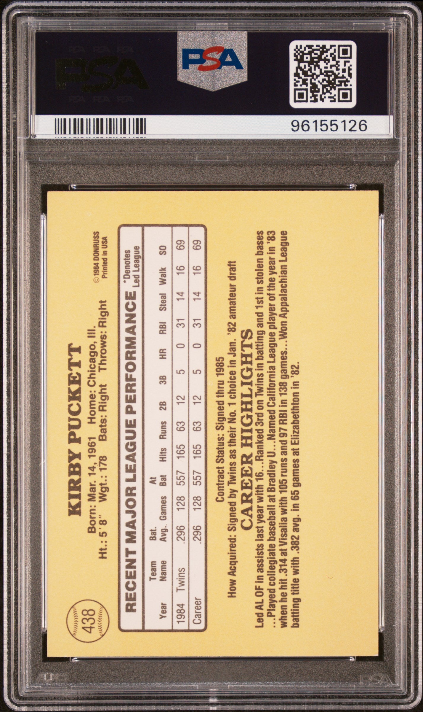 1985 Donruss Kirby Puckett #438 PSA 9