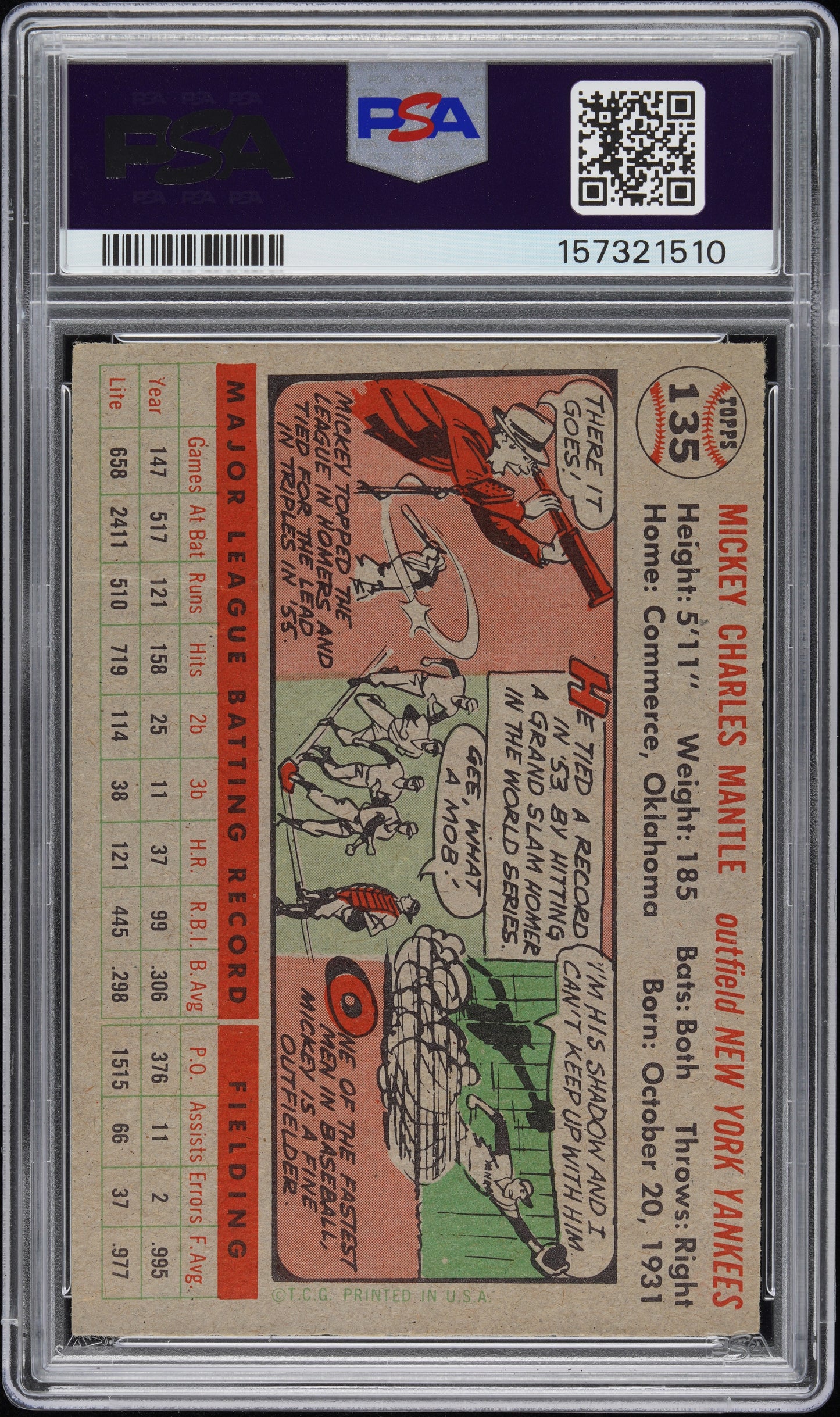 1956 Topps Mickey Mantle #135 Gray Back PSA 2 Auto 8