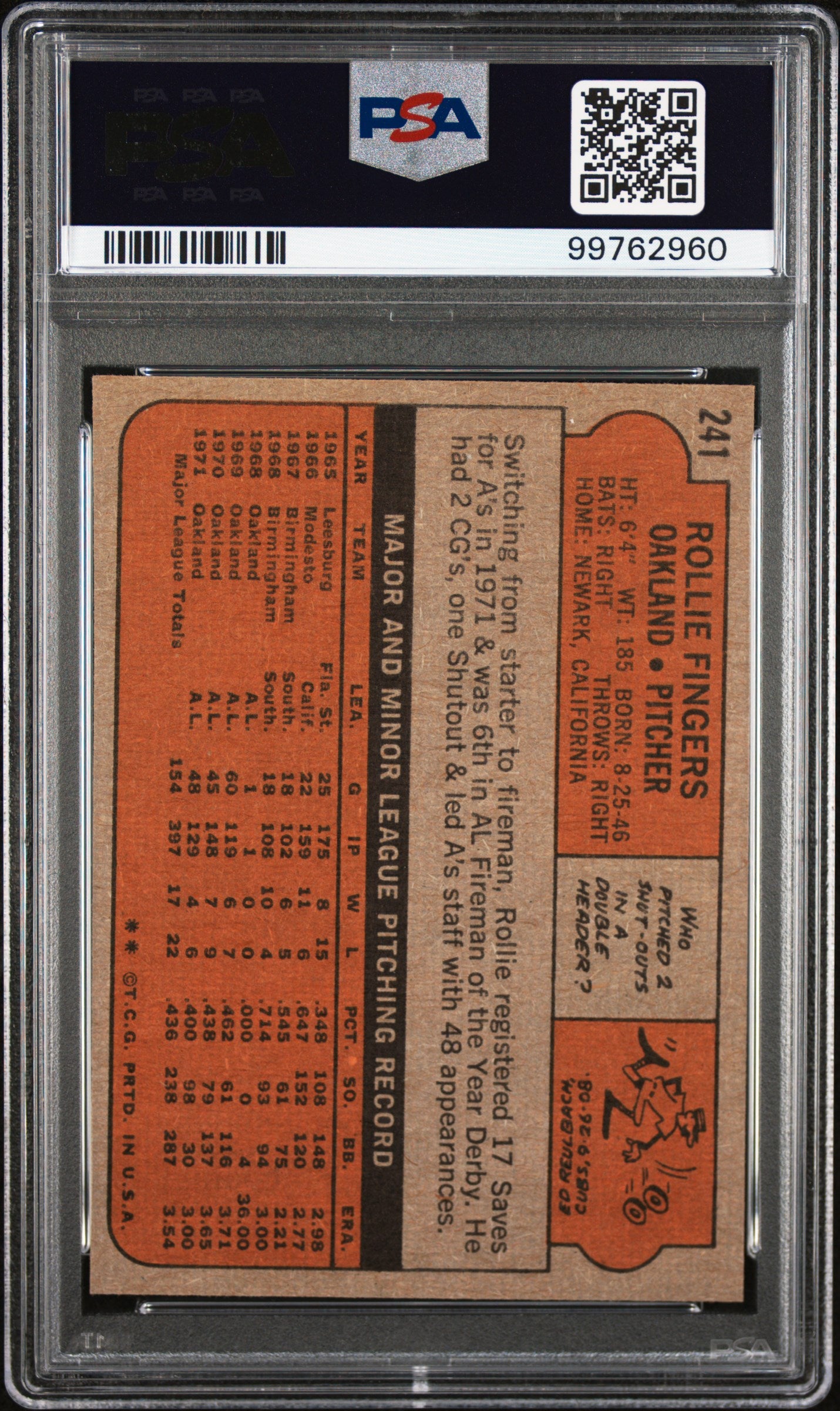 1972 Topps Rollie Fingers #241 PSA 9