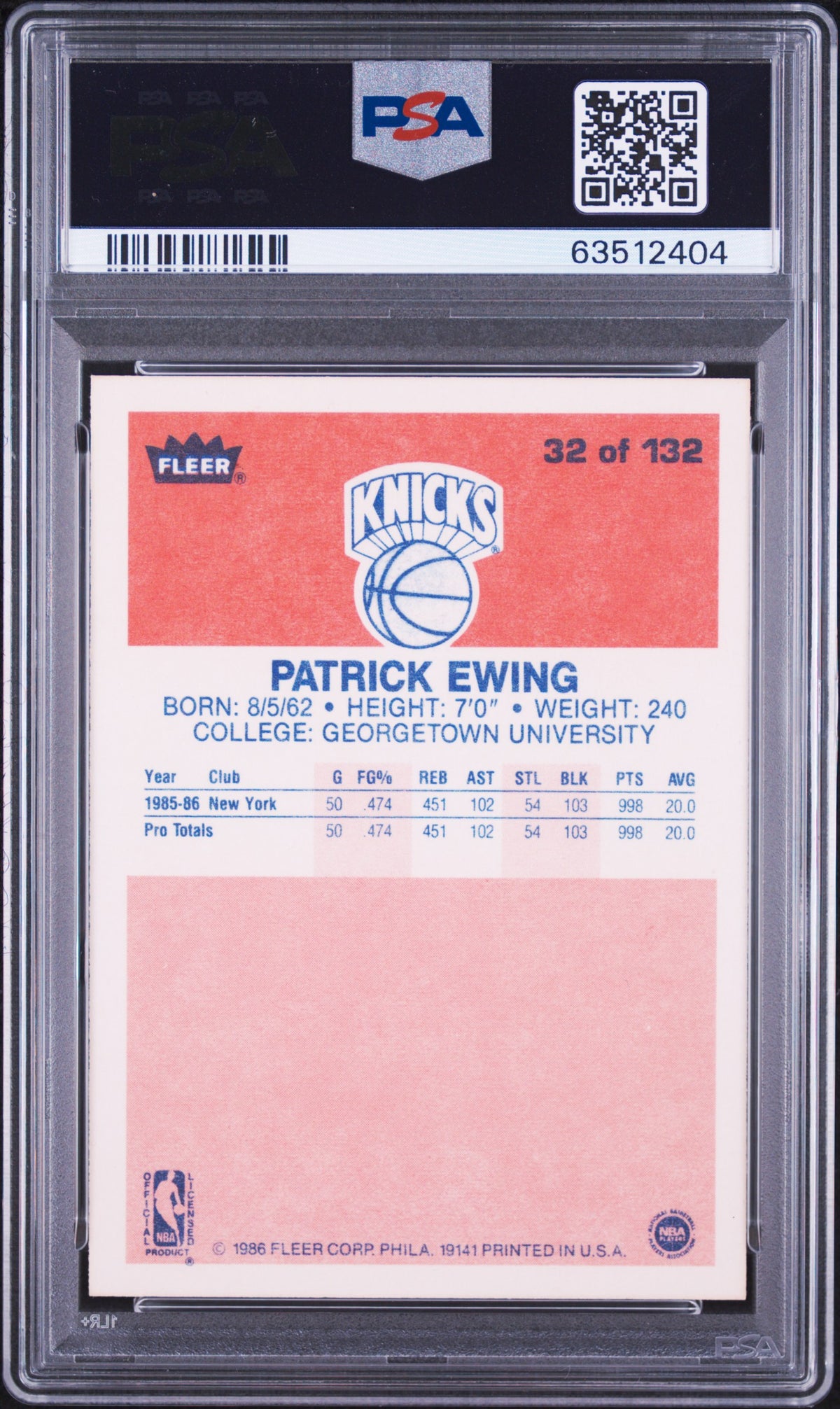 1986 Fleer Patrick Ewing #32 PSA 10