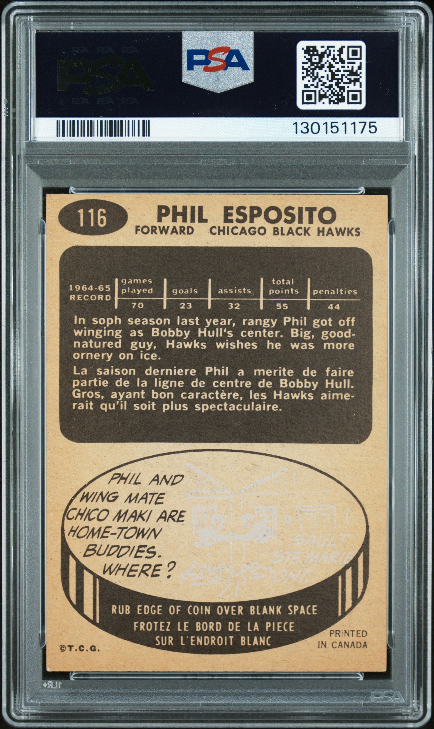 1965 Topps Phil Esposito #116 PSA 6 Auto A