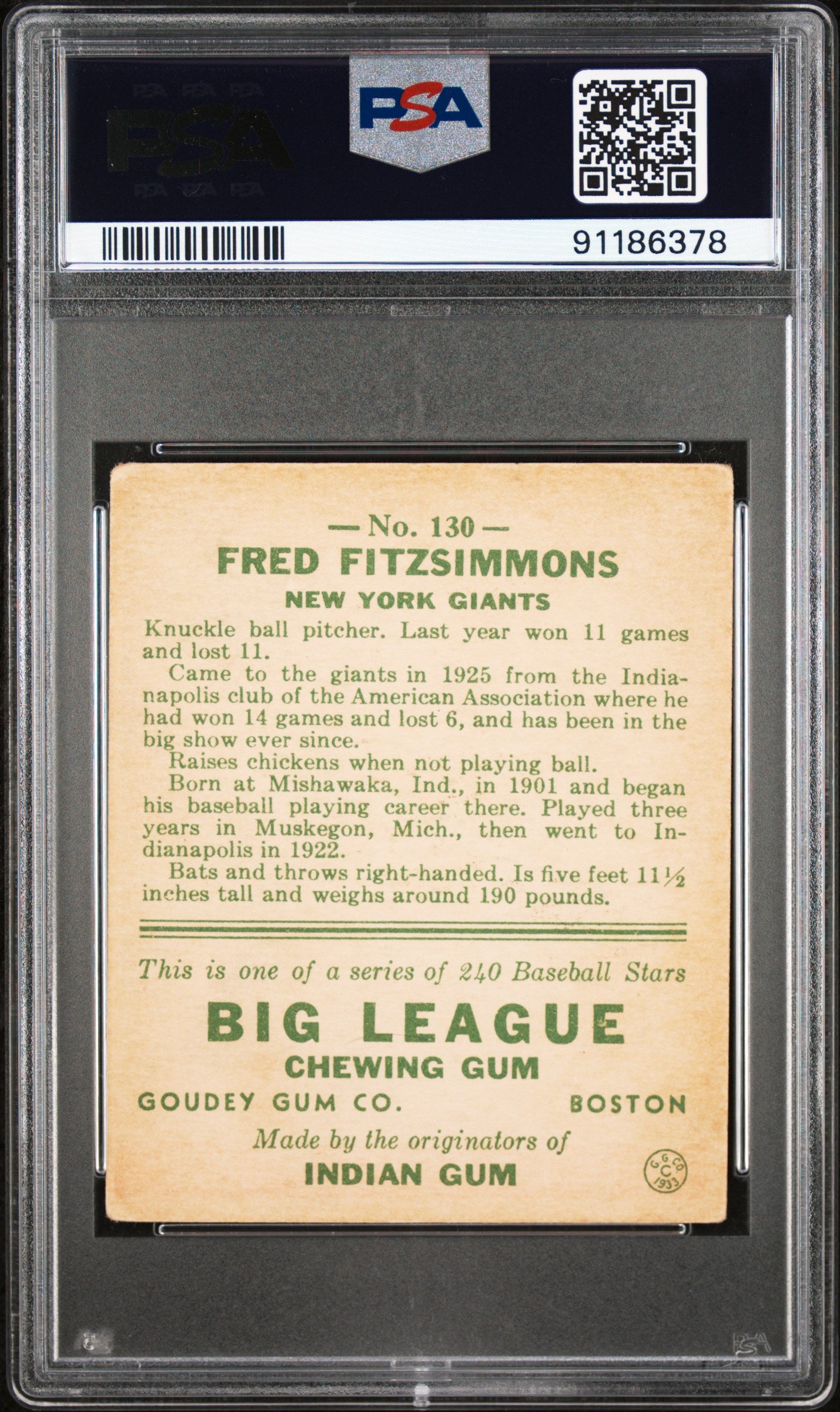 1933 Goudey Fred Fitzsimmons #130 PSA 4