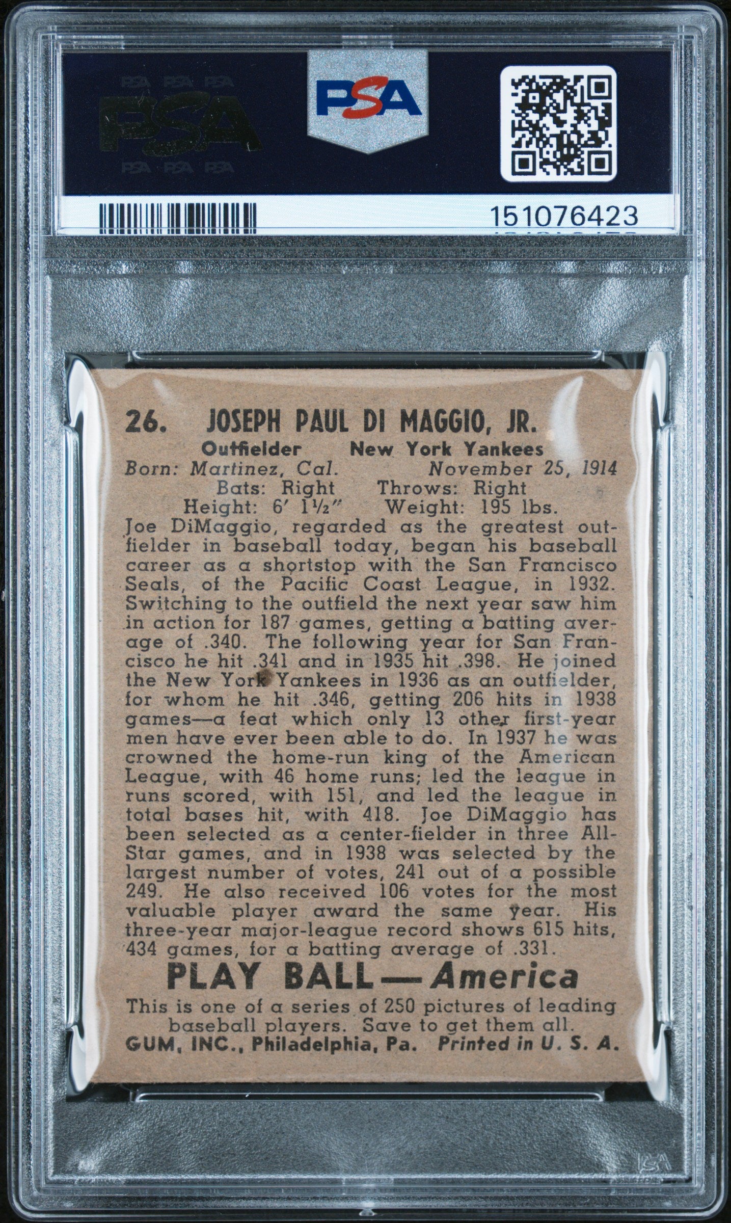 1939 Play Ball Joe Dimaggio #26 PSA 3