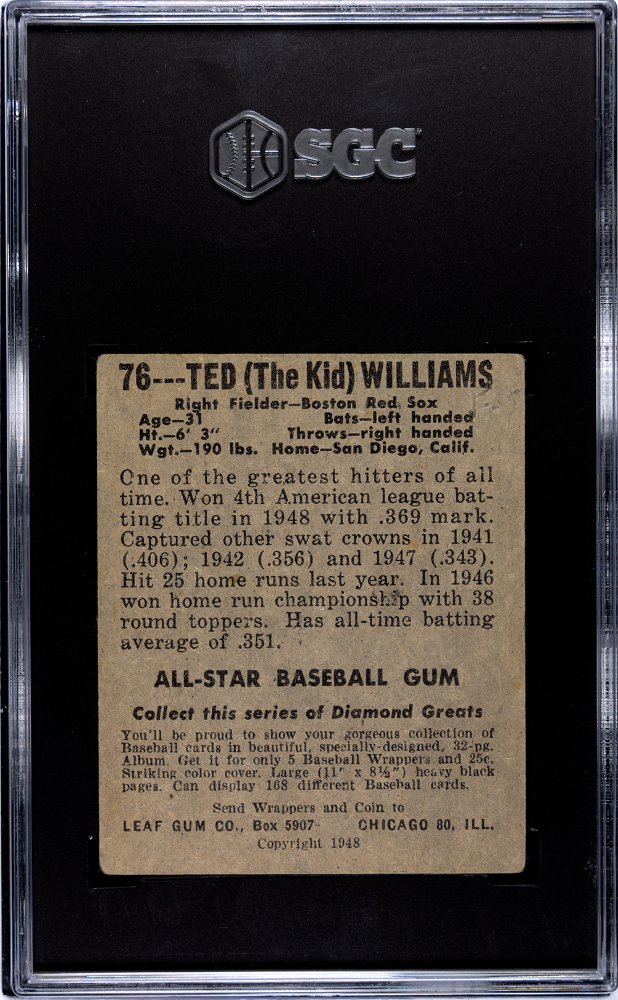 1948 Leaf Gum Co. Ted Williams #76 SGC 2.5