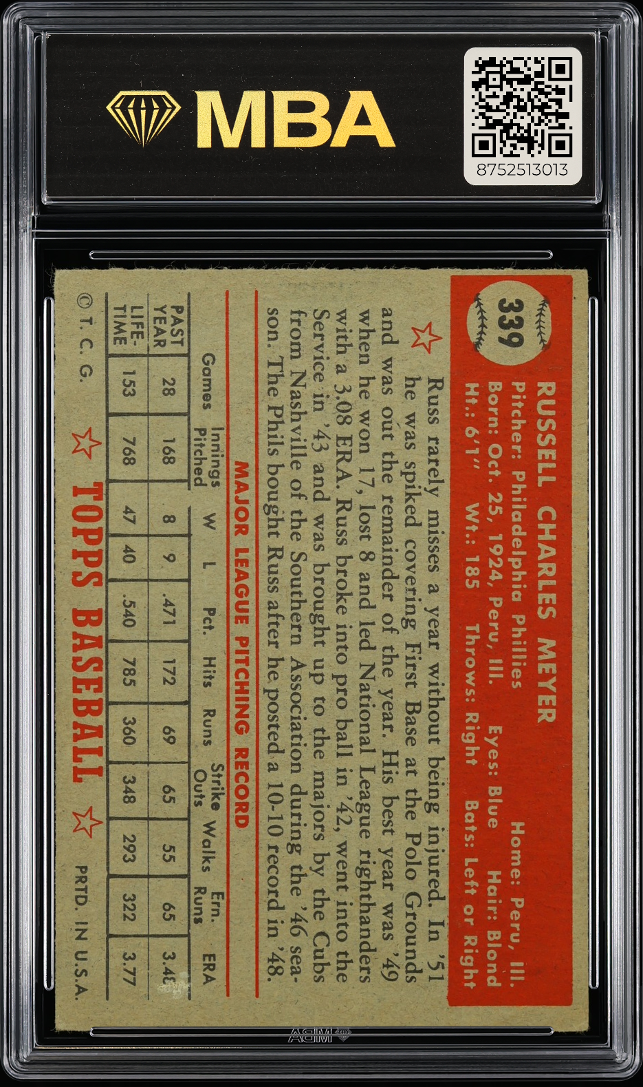 1952 Topps Russ Meyer #339 MBA 3